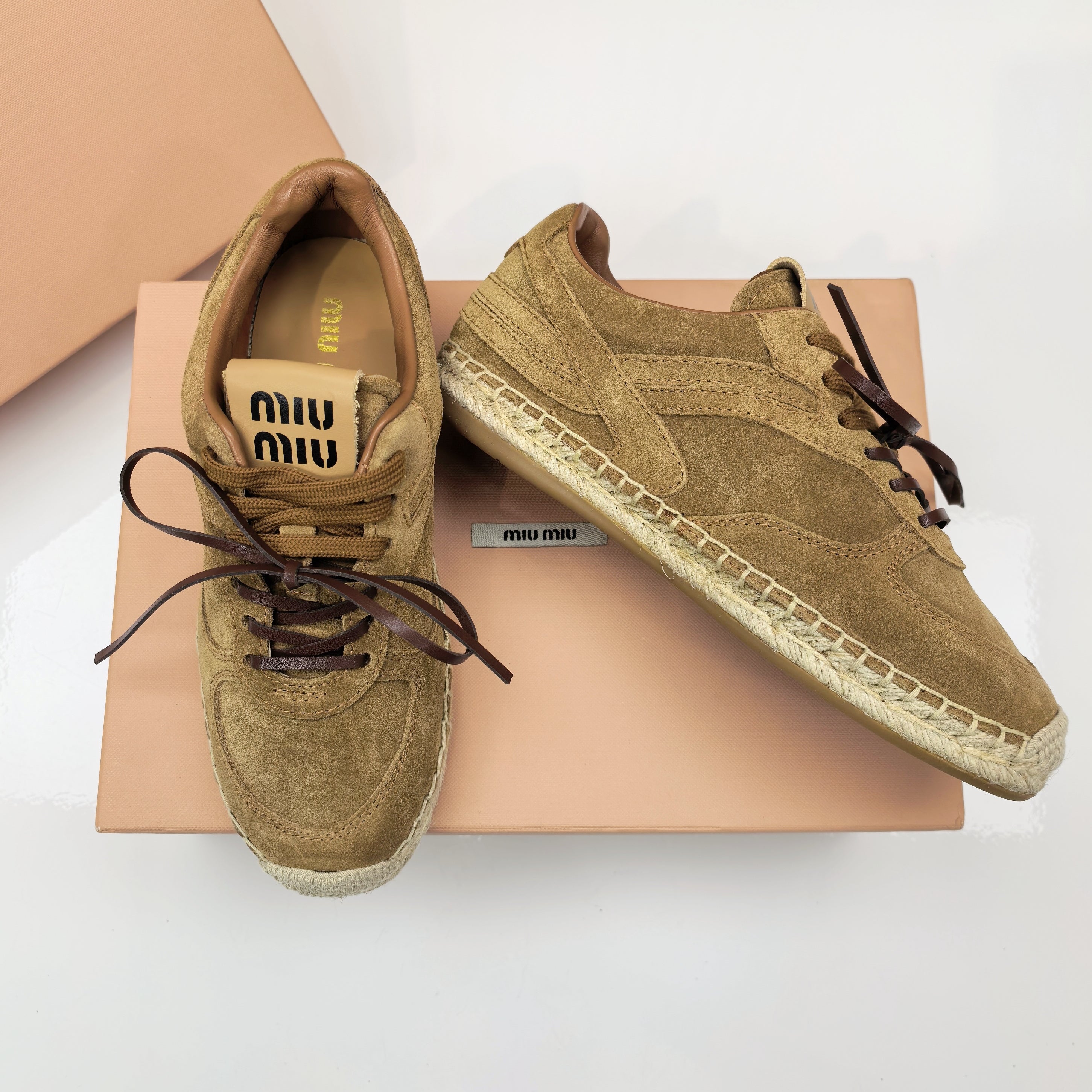 MIUMIU 26S LACE UP ESPADRILLE SNEAKERS IN BROWN SUEDE ROPE SOLE