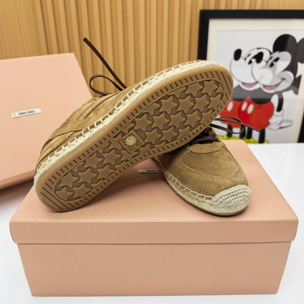 MIUMIU 26S LACE UP ESPADRILLE SNEAKERS IN BROWN SUEDE ROPE SOLE