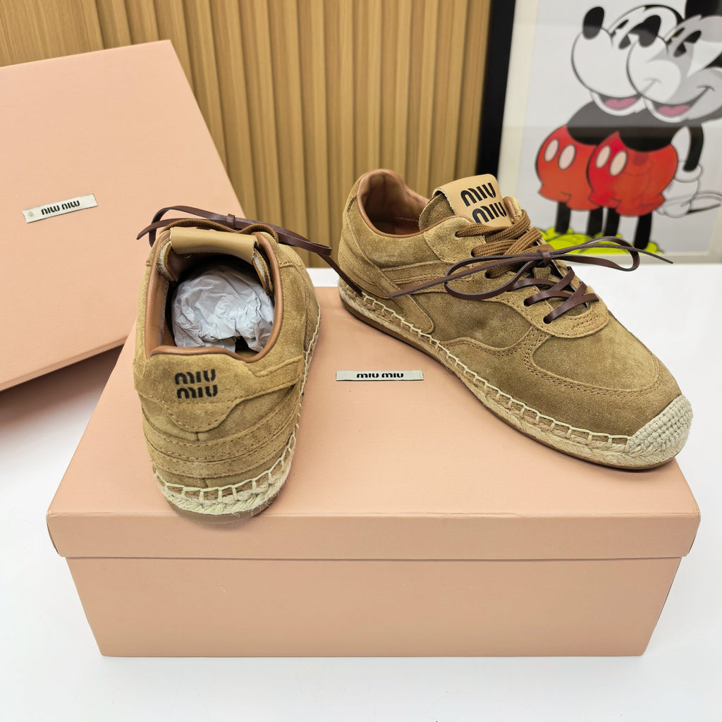 MIUMIU 26S LACE UP ESPADRILLE SNEAKERS IN BROWN SUEDE ROPE SOLE