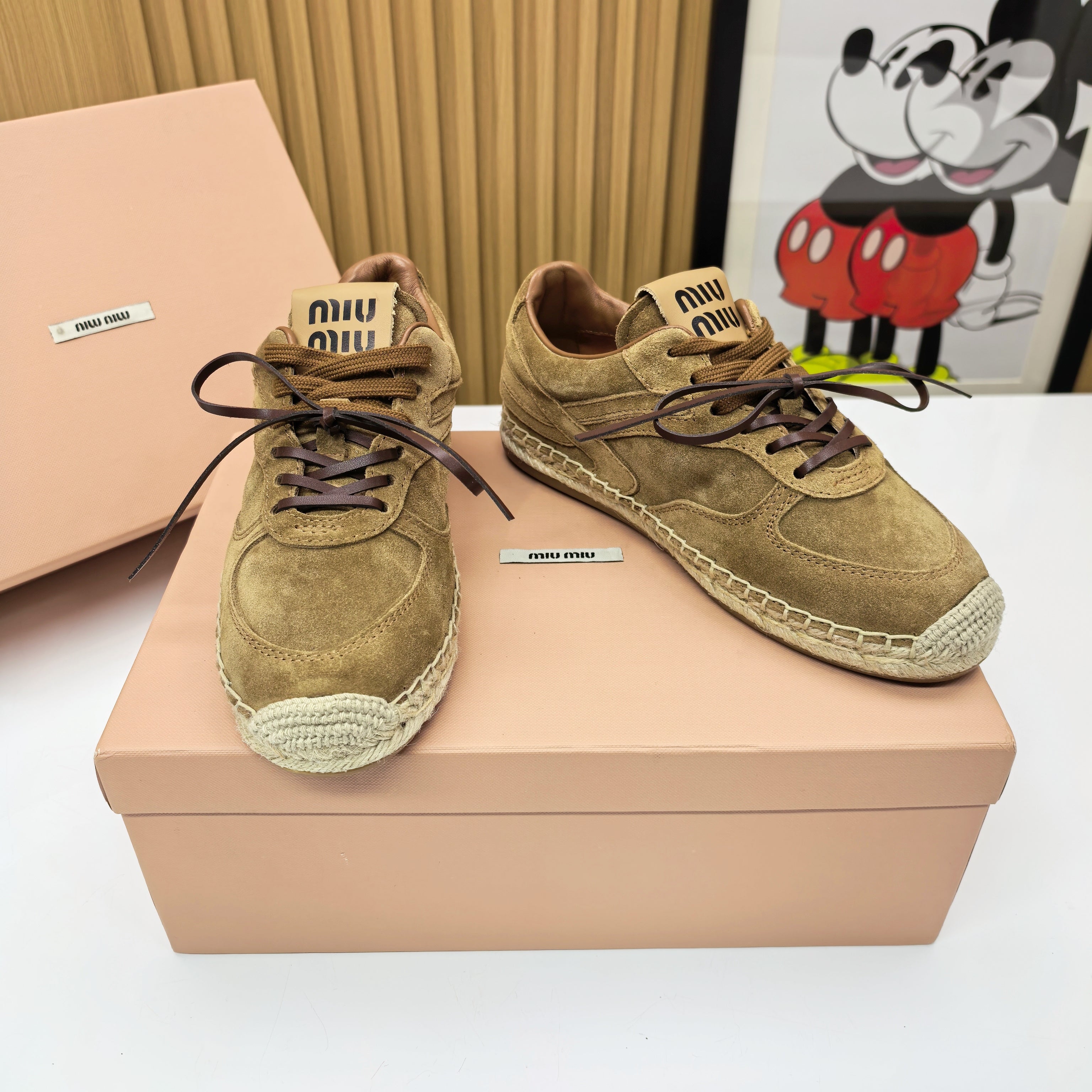 MIUMIU 26S LACE UP ESPADRILLE SNEAKERS IN BROWN SUEDE ROPE SOLE