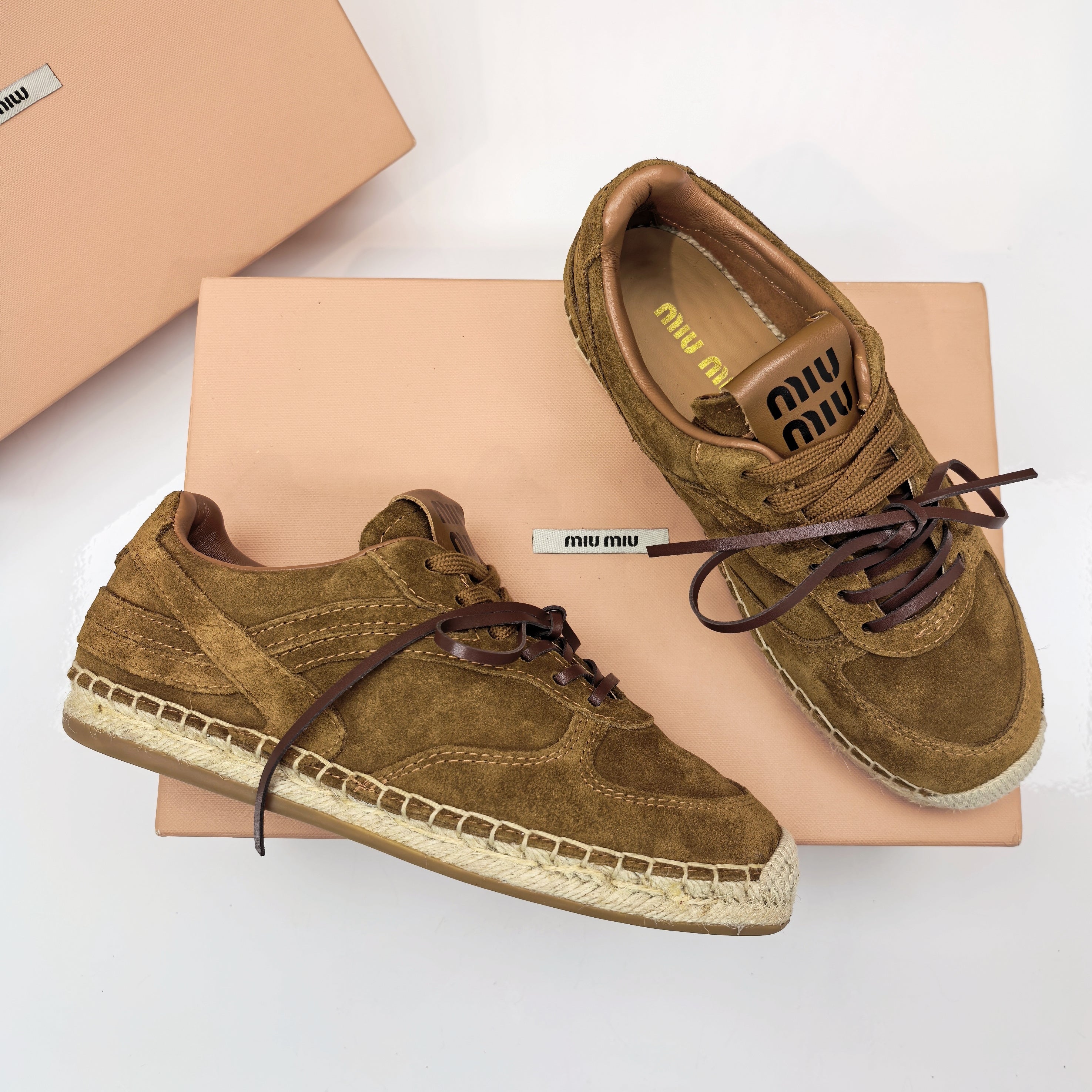 MIUMIU 26S LACE UP ESPADRILLE SNEAKERS IN CARAMEL BROWN SUEDE ROPE SOLE