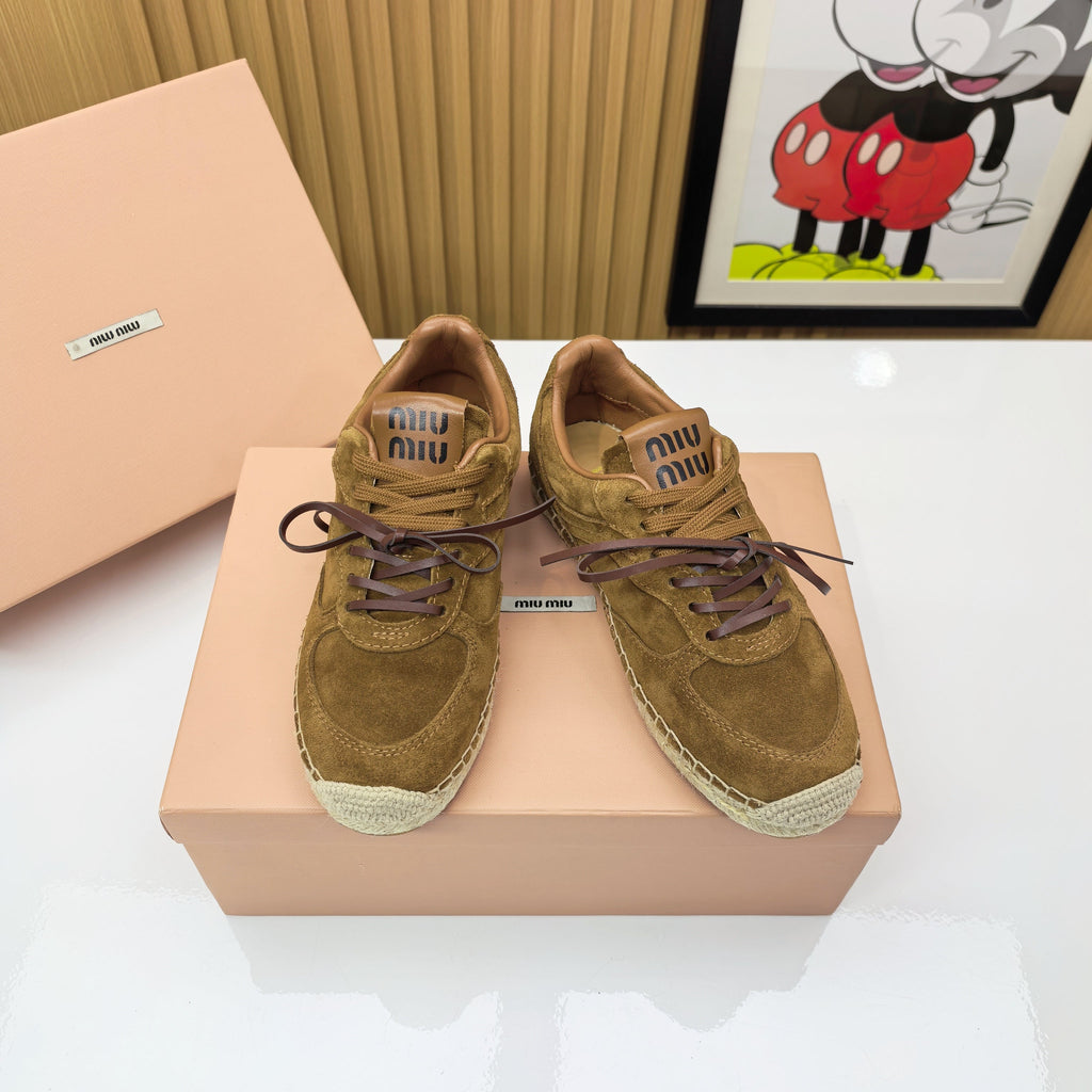 MIUMIU 26S LACE UP ESPADRILLE SNEAKERS IN CARAMEL BROWN SUEDE ROPE SOLE