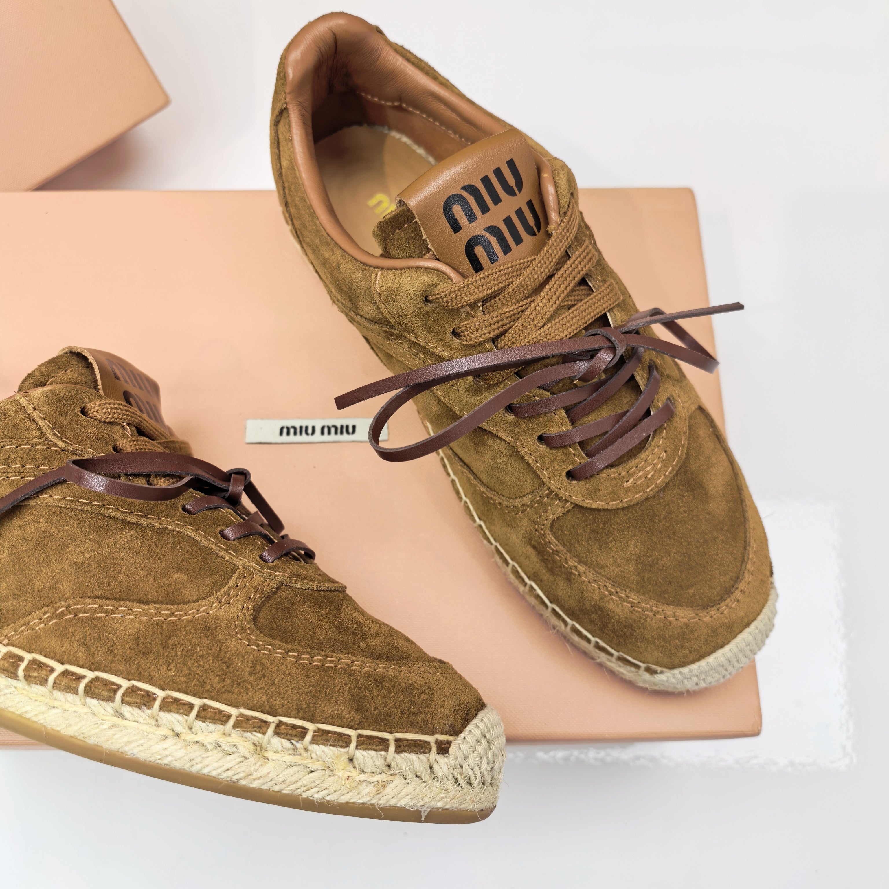 MIUMIU 26S LACE UP ESPADRILLE SNEAKERS IN CARAMEL BROWN SUEDE ROPE SOLE