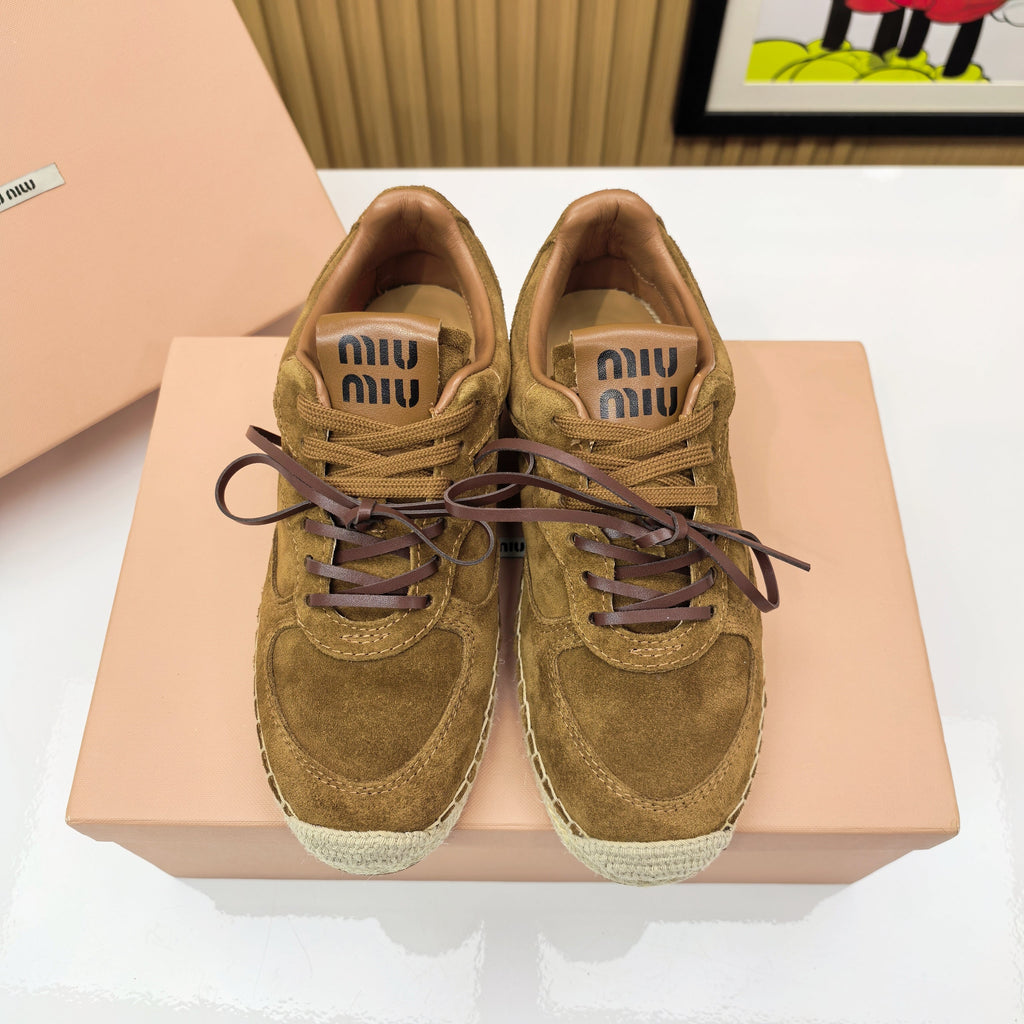 MIUMIU 26S LACE UP ESPADRILLE SNEAKERS IN CARAMEL BROWN SUEDE ROPE SOLE