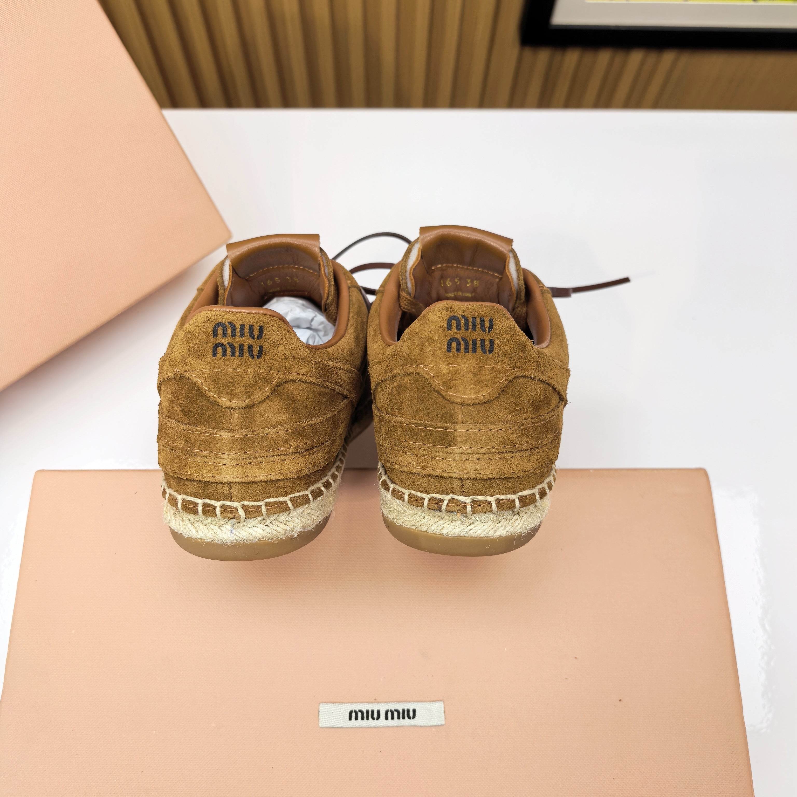 MIUMIU 26S LACE UP ESPADRILLE SNEAKERS IN CARAMEL BROWN SUEDE ROPE SOLE