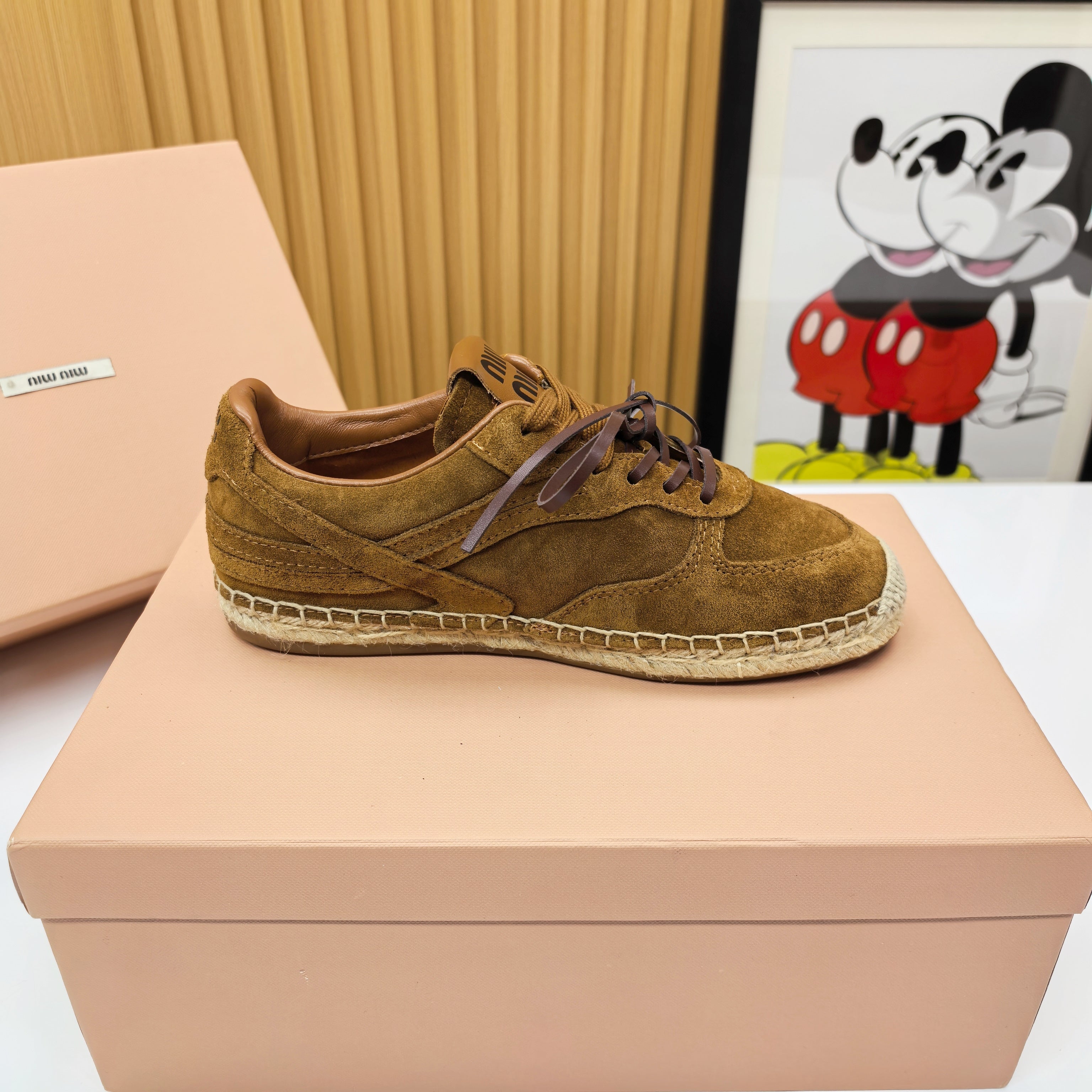 MIUMIU 26S LACE UP ESPADRILLE SNEAKERS IN CARAMEL BROWN SUEDE ROPE SOLE