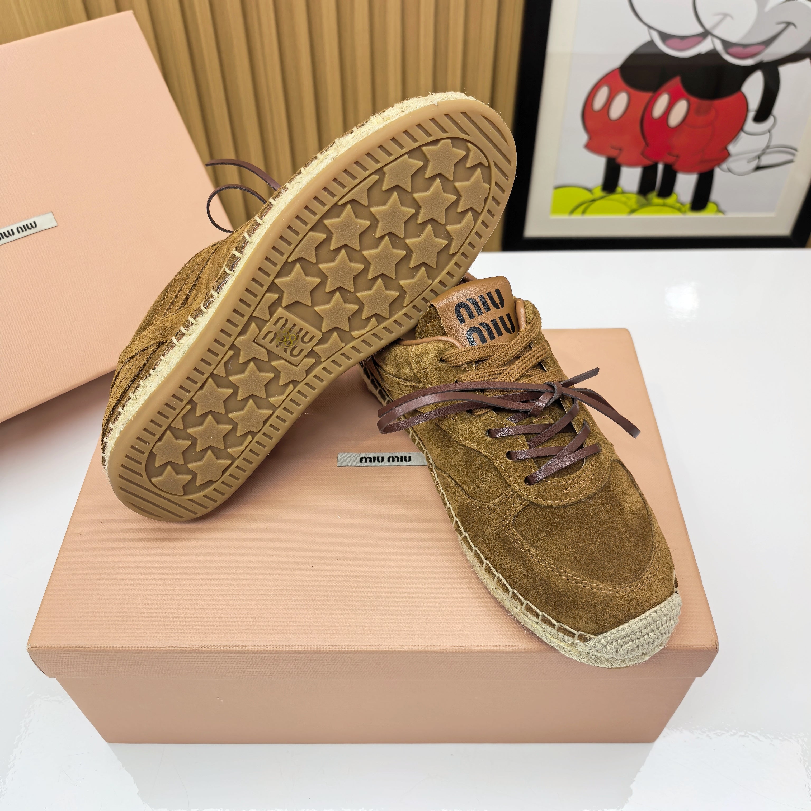 MIUMIU 26S LACE UP ESPADRILLE SNEAKERS IN CARAMEL BROWN SUEDE ROPE SOLE