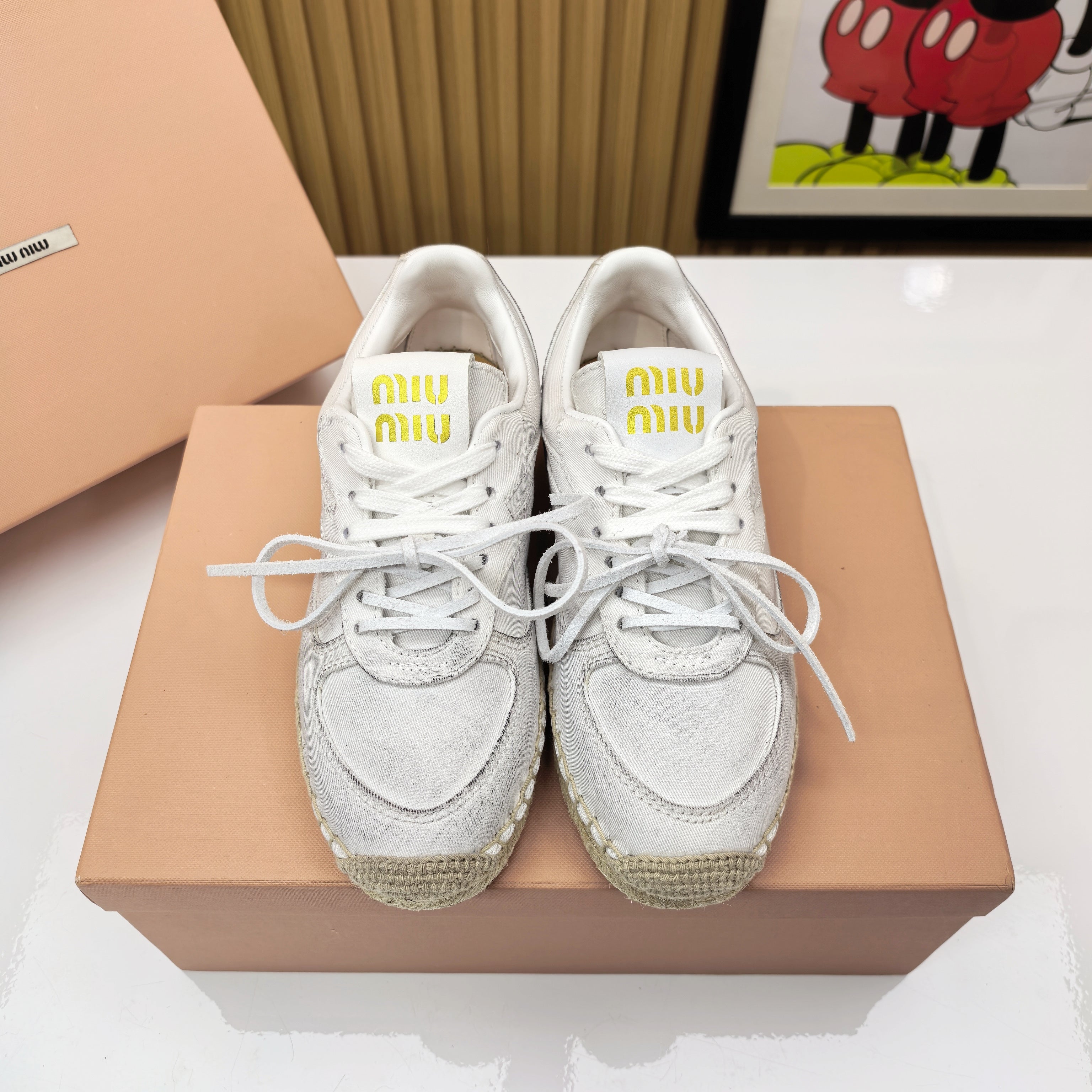 MIUMIU 26S LACE UP ESPADRILLE SNEAKERS IN WHITE CANVAS ROPE SOLE