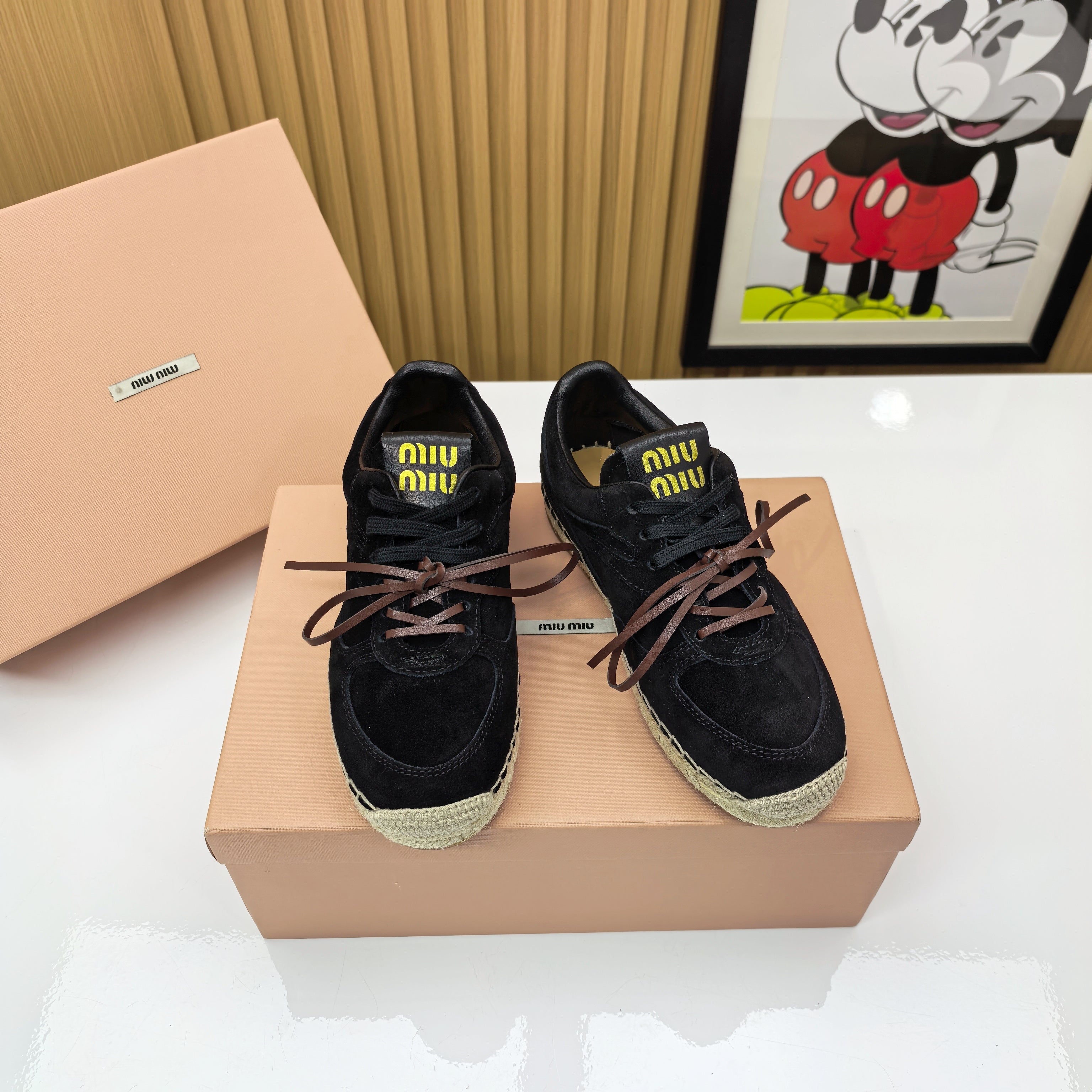 MIUMIU 26S LACE UP ESPADRILLE SNEAKERS IN BLACK SUEDE ROPE SOLE