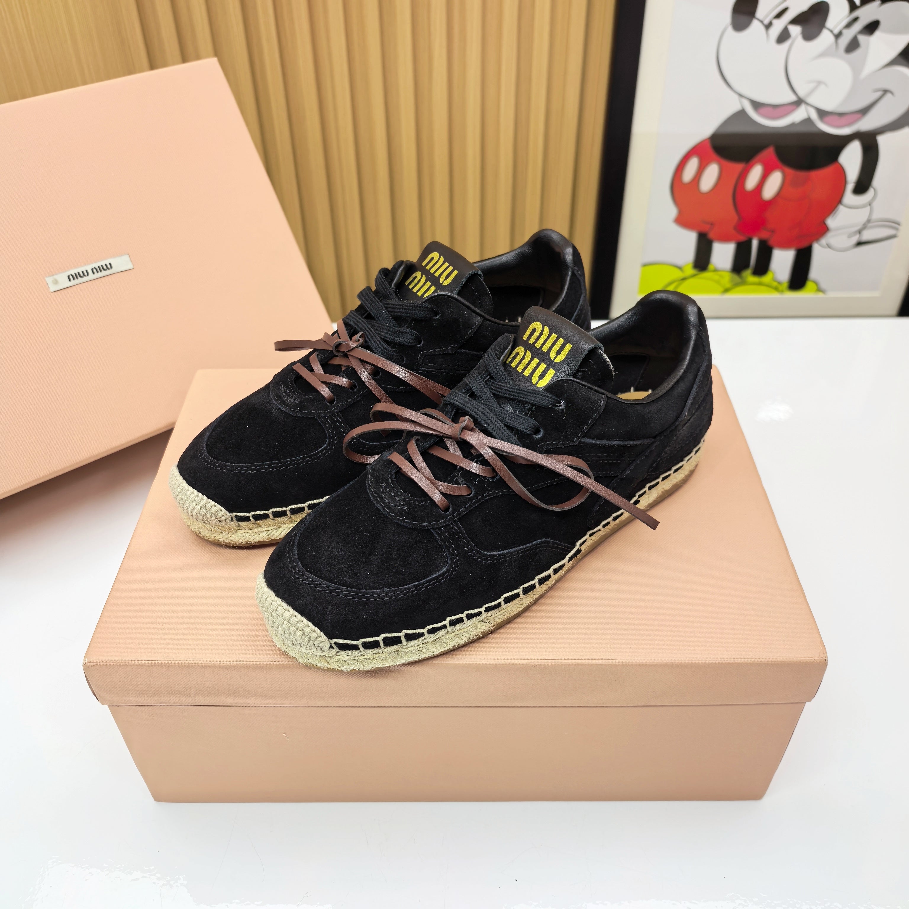 MIUMIU 26S LACE UP ESPADRILLE SNEAKERS IN BLACK SUEDE ROPE SOLE