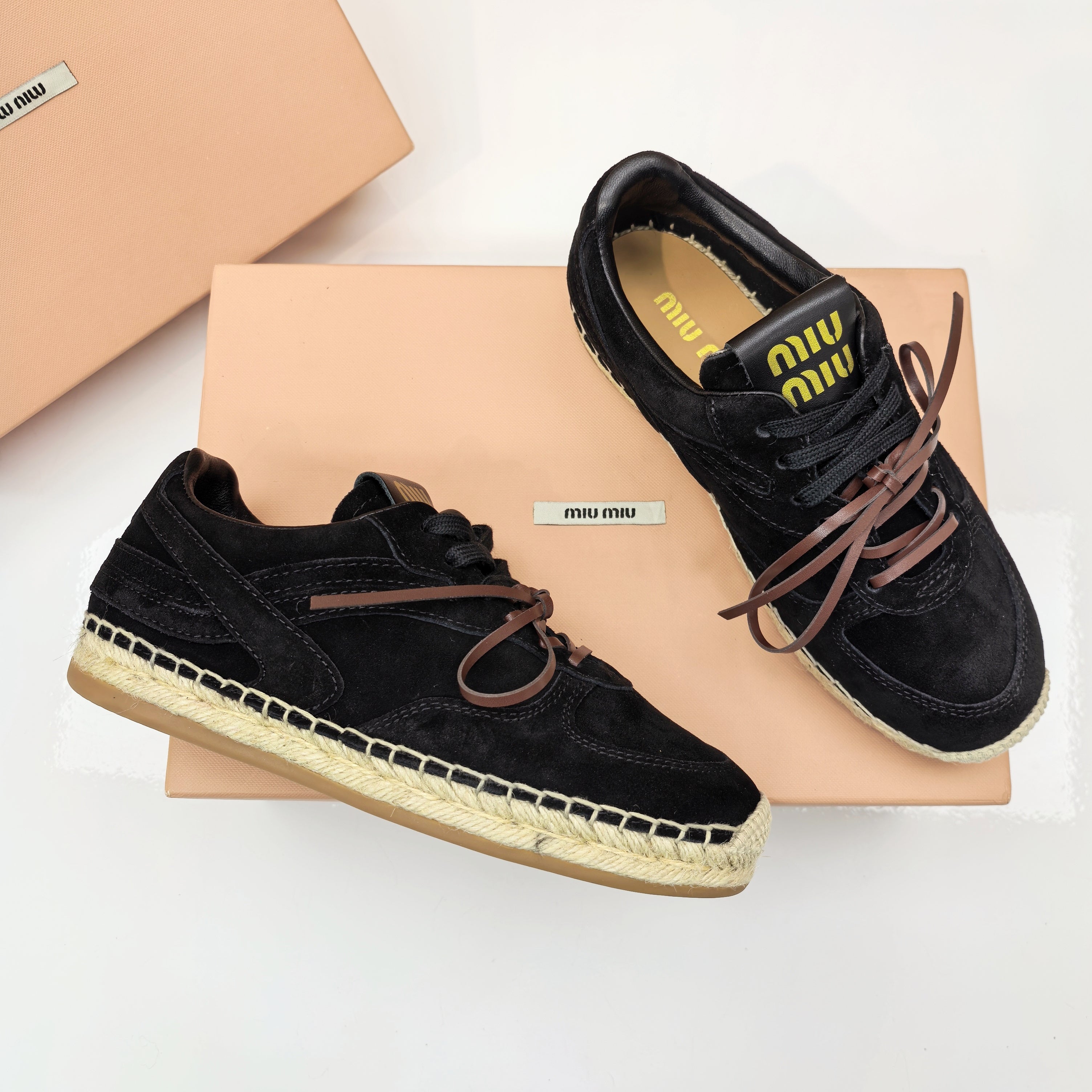 MIUMIU 26S LACE UP ESPADRILLE SNEAKERS IN BLACK SUEDE ROPE SOLE