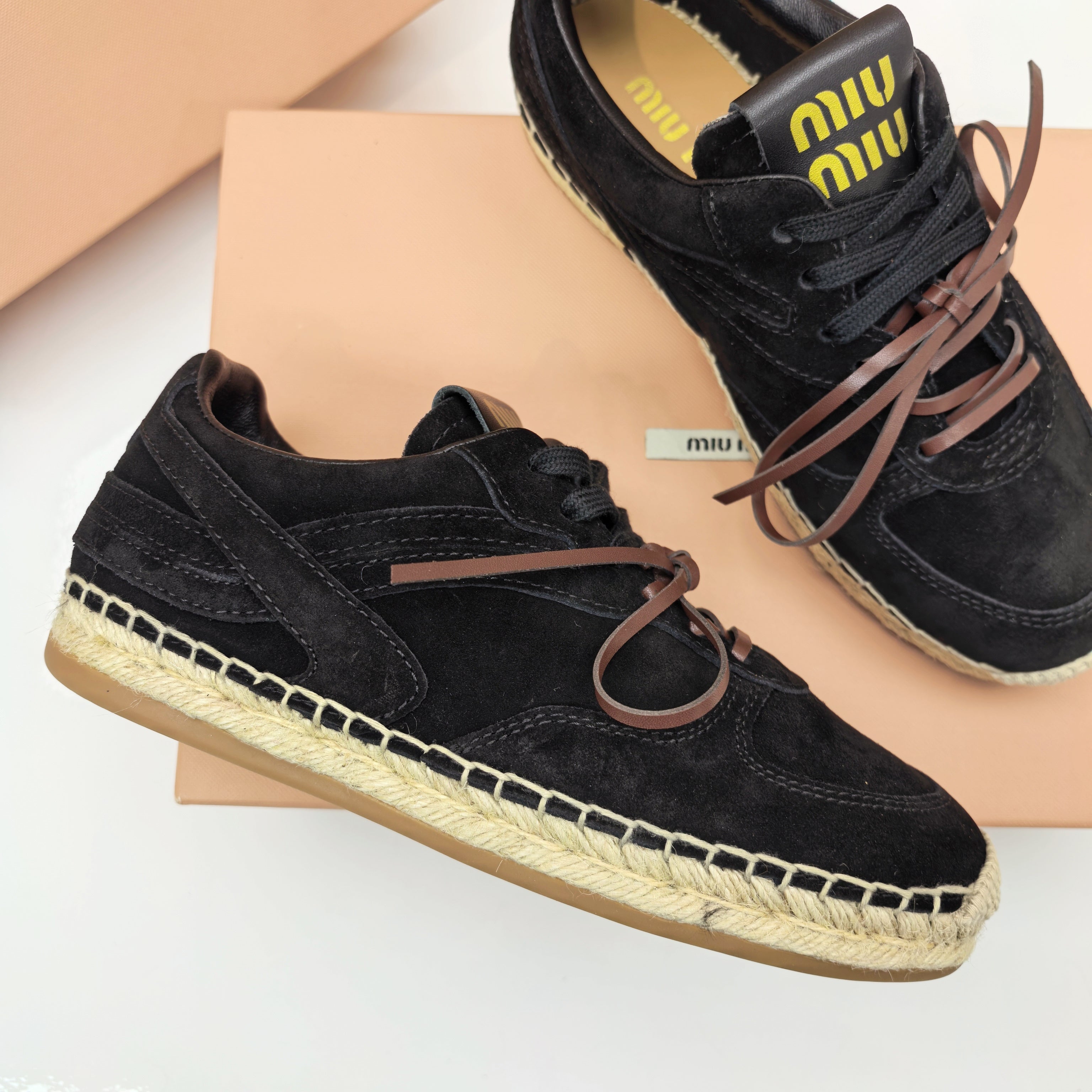 MIUMIU 26S LACE UP ESPADRILLE SNEAKERS IN BLACK SUEDE ROPE SOLE