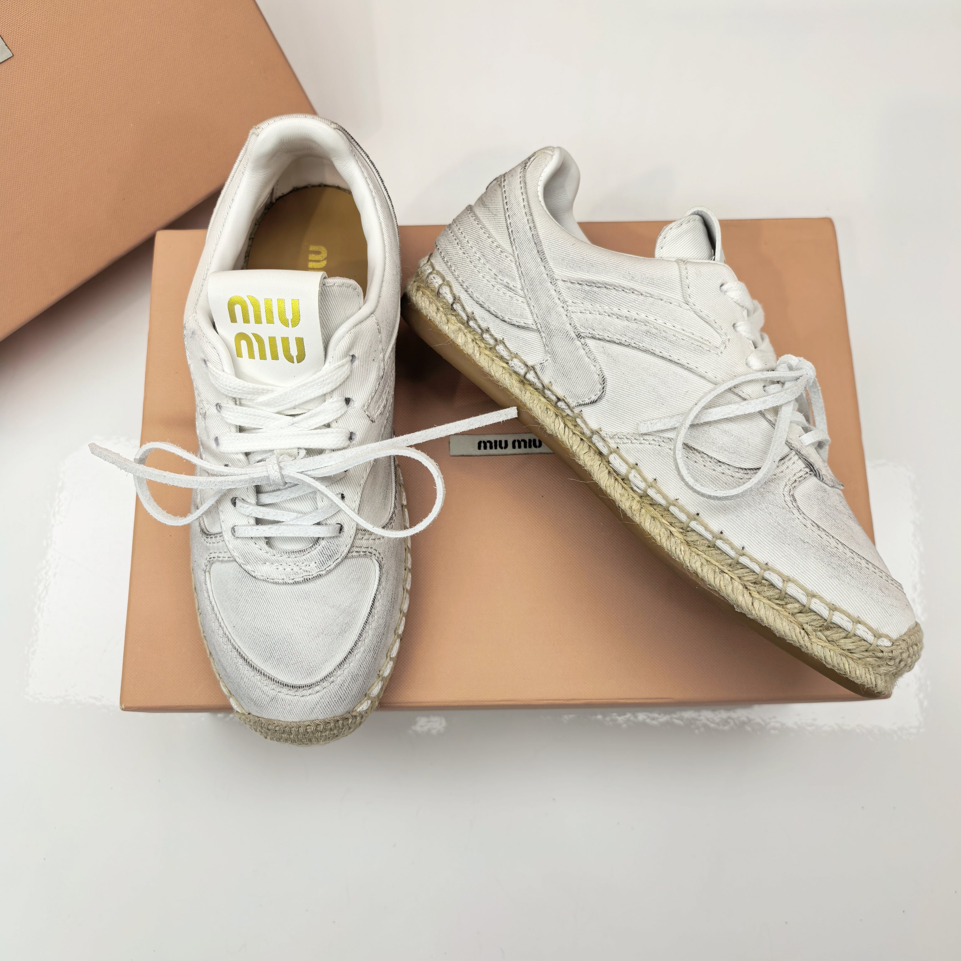 MIUMIU 26S LACE UP ESPADRILLE SNEAKERS IN WHITE CANVAS ROPE SOLE