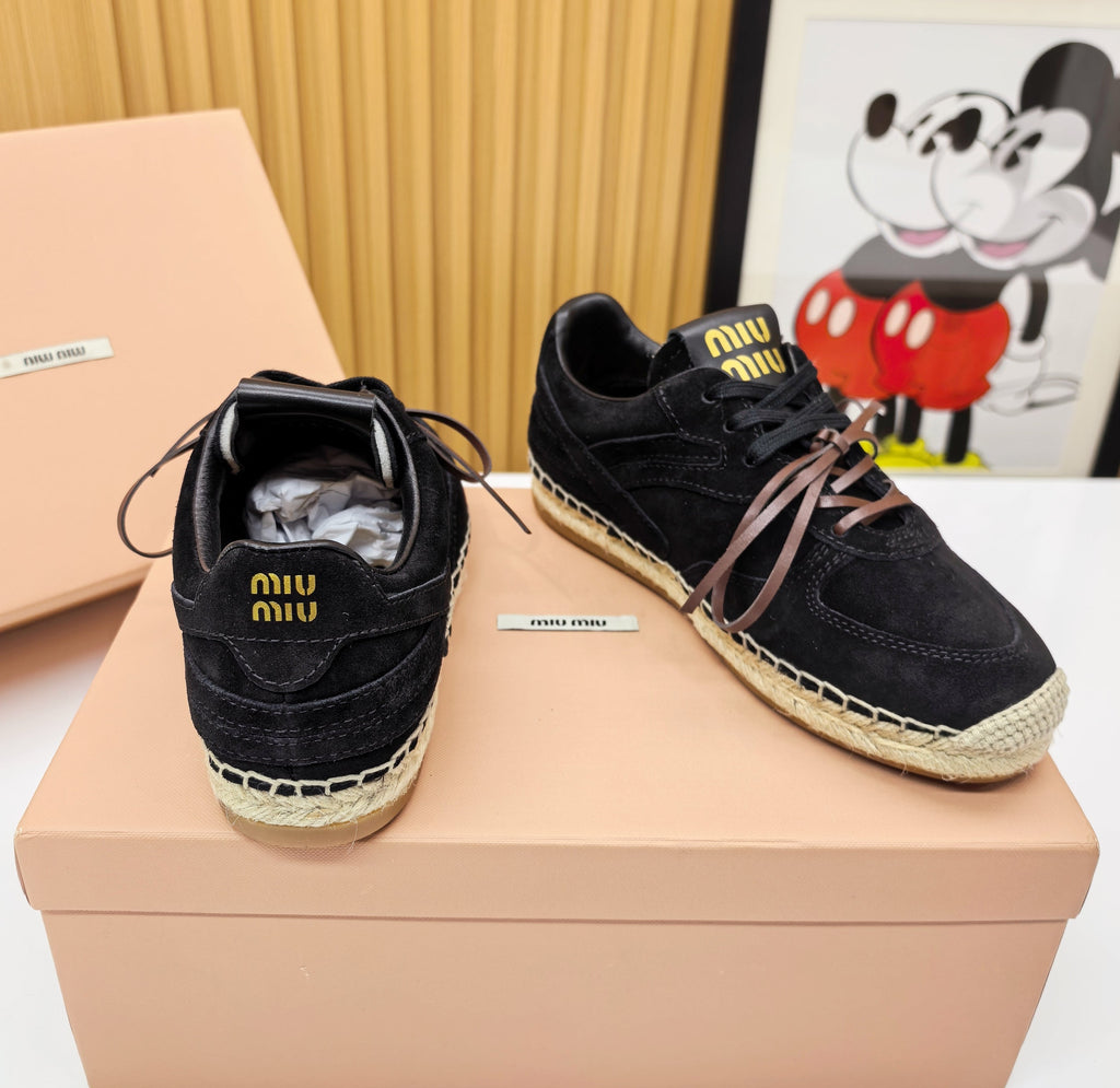 MIUMIU 26S LACE UP ESPADRILLE SNEAKERS IN BLACK SUEDE ROPE SOLE