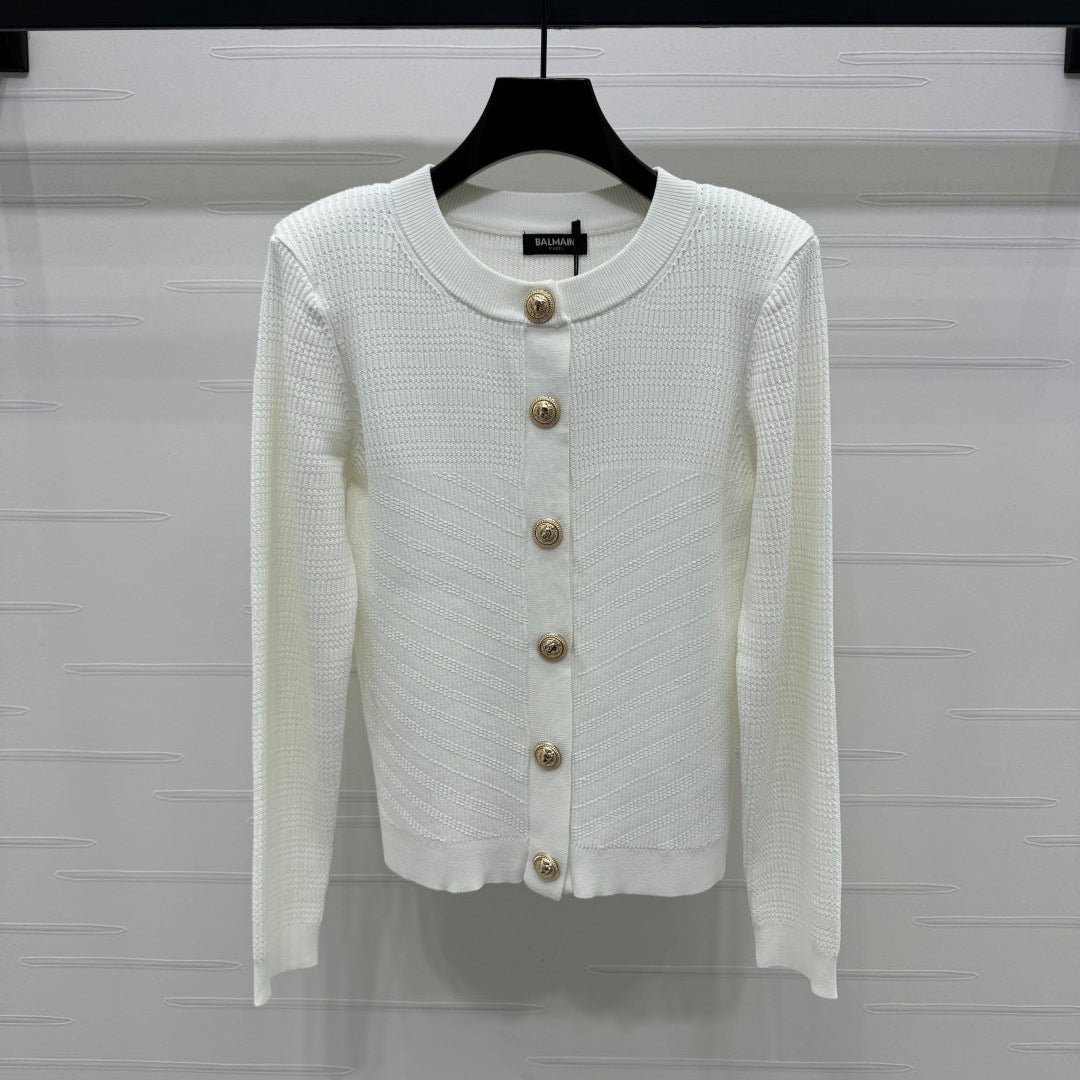 BALMAIN 25S KNITTED ROUND NECK LONG SLEEVE CARDIGAN 264243
