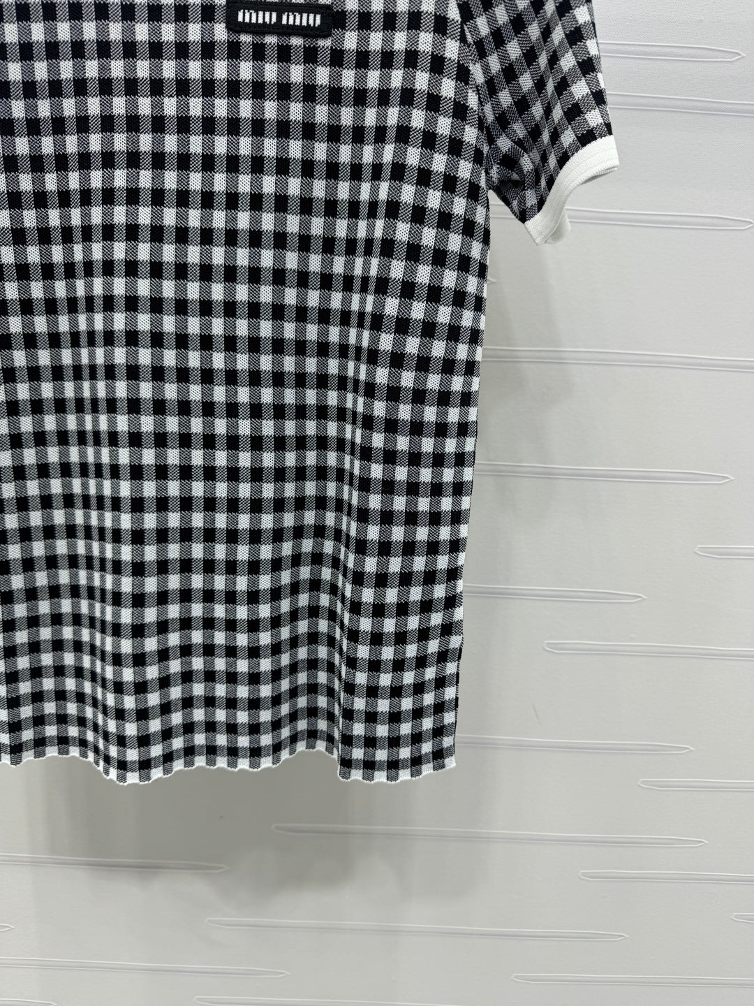 MIUMIU CREW NECK SHORT-SLEEVE PLAID KNIT TOP 274833
