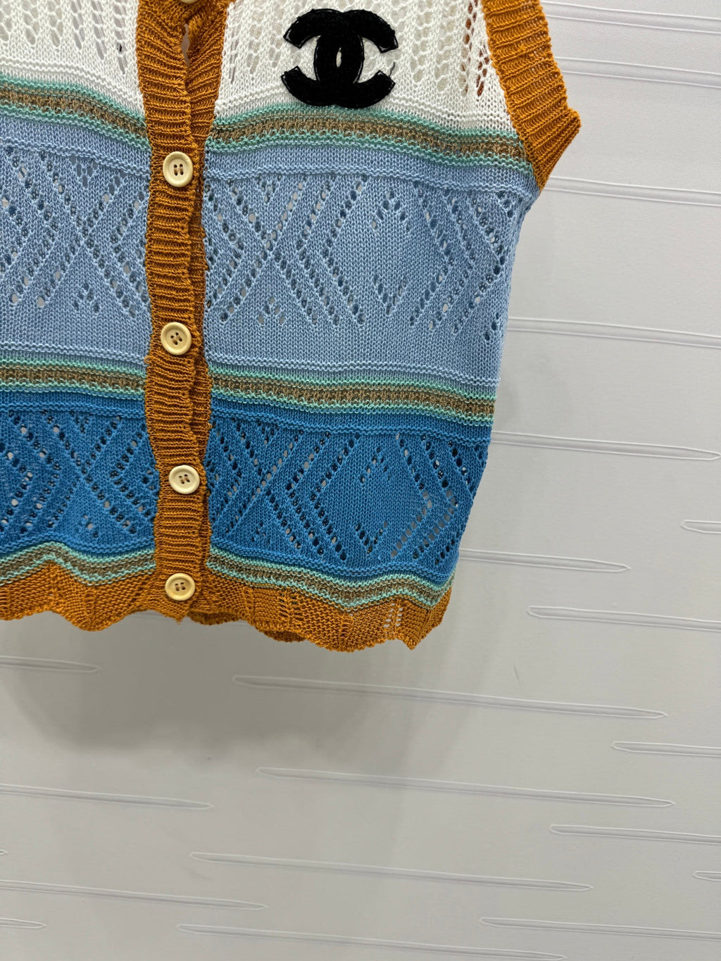 CHANEL EMBROIDERED LOGO OPEN-KNIT VEST 274868