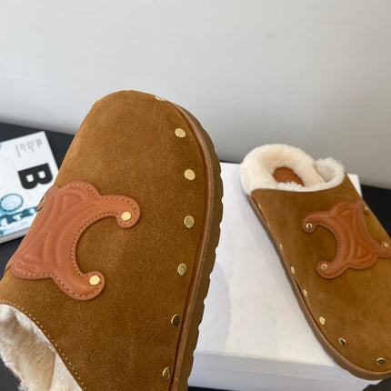 CELINE 26S FUR-LINED MULES IN BROWN SUEDE