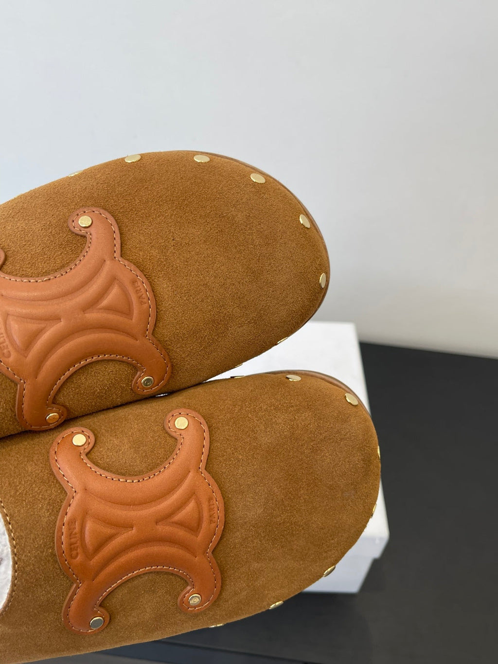 CELINE 26S FUR-LINED MULES IN BROWN SUEDE