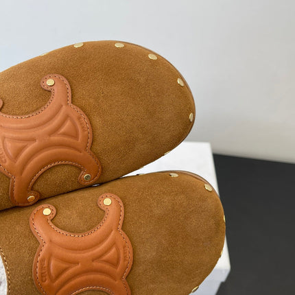 CELINE 26S FUR-LINED MULES IN BROWN SUEDE