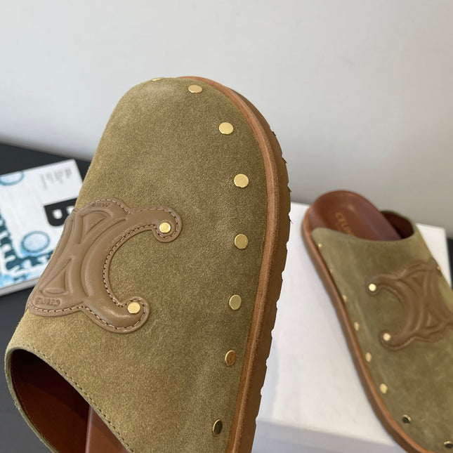 CELINE 26S MULE IN OLIVE GREEN SUEDE