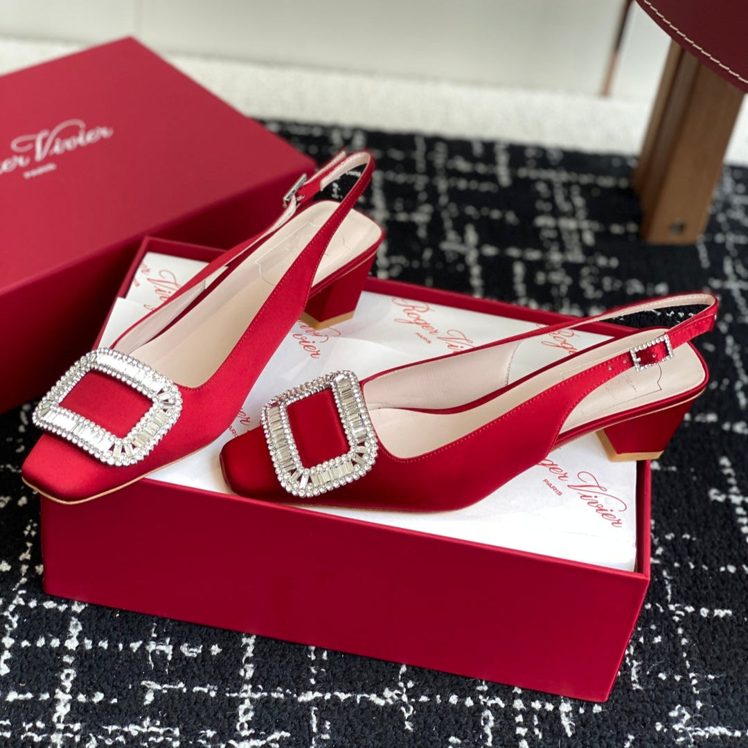 ROGER VIVIER 25S VIVIER SLINGBACK 45MM IN BRIGHT RED SILK EMBELLISHED CRYSTALS