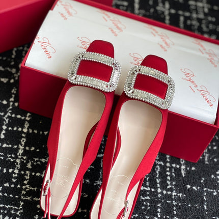ROGER VIVIER 25S VIVIER SLINGBACK 45MM IN BRIGHT RED SILK EMBELLISHED CRYSTALS