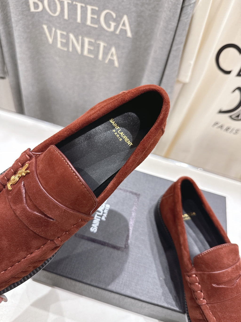 YSL 25S LOAFERS IN RED MAHOGANY SUEDE WITH GOLD HARDWARE