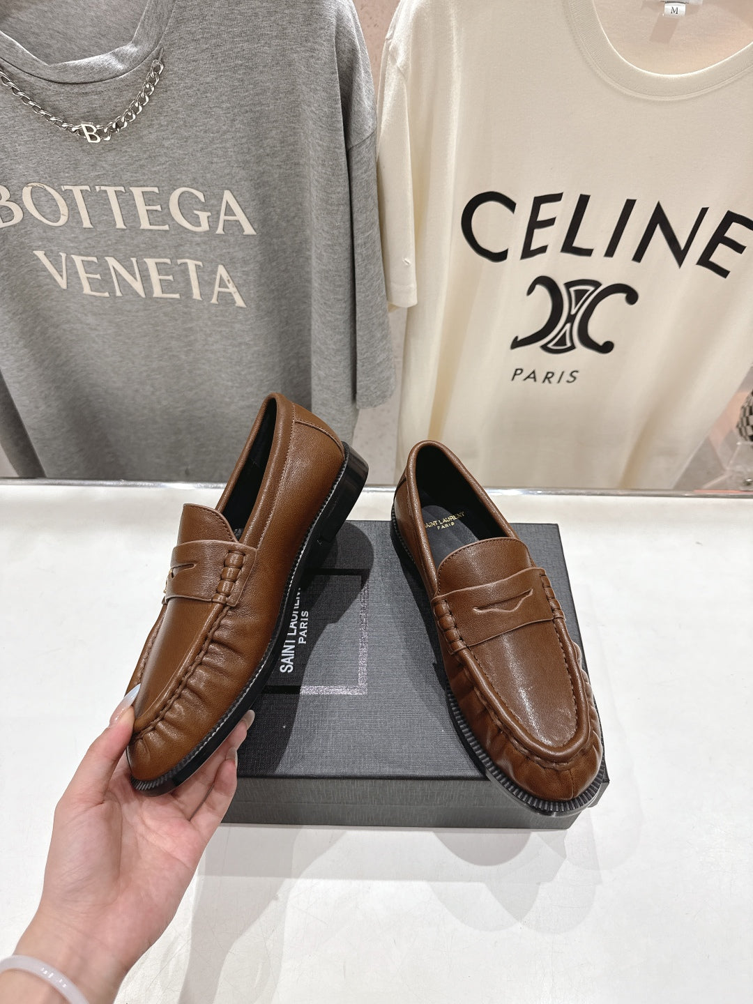 YSL 25S LOAFERS IN COFFEE BROWN LAMBSKIN WITH GOLD HARDWARE