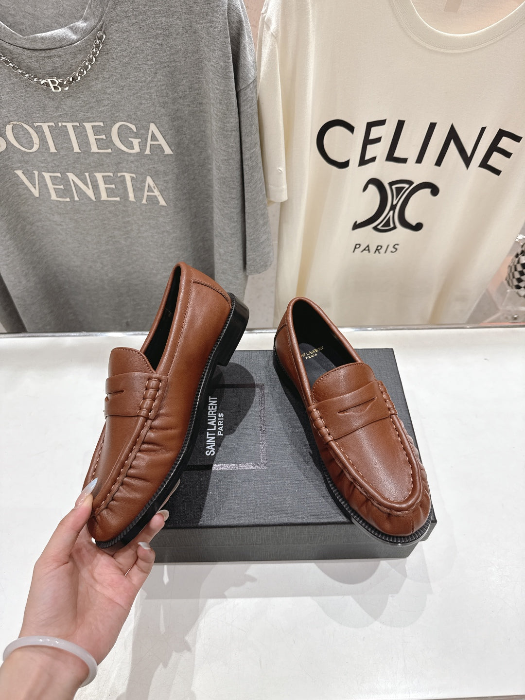 YSL 25S LOAFERS IN CHESTNUT BROWN LAMBSKIN WITH GOLD HARDWARE