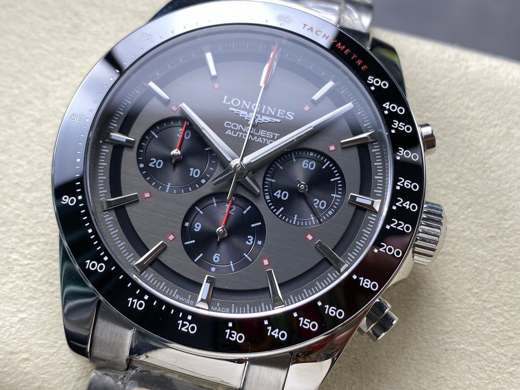 CONQUEST CHRONOGRAPH 42 MM SILVER CASE WITH FULL BLACK DIAL