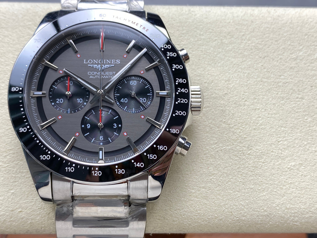 CONQUEST CHRONOGRAPH 42 MM SILVER CASE WITH FULL BLACK DIAL