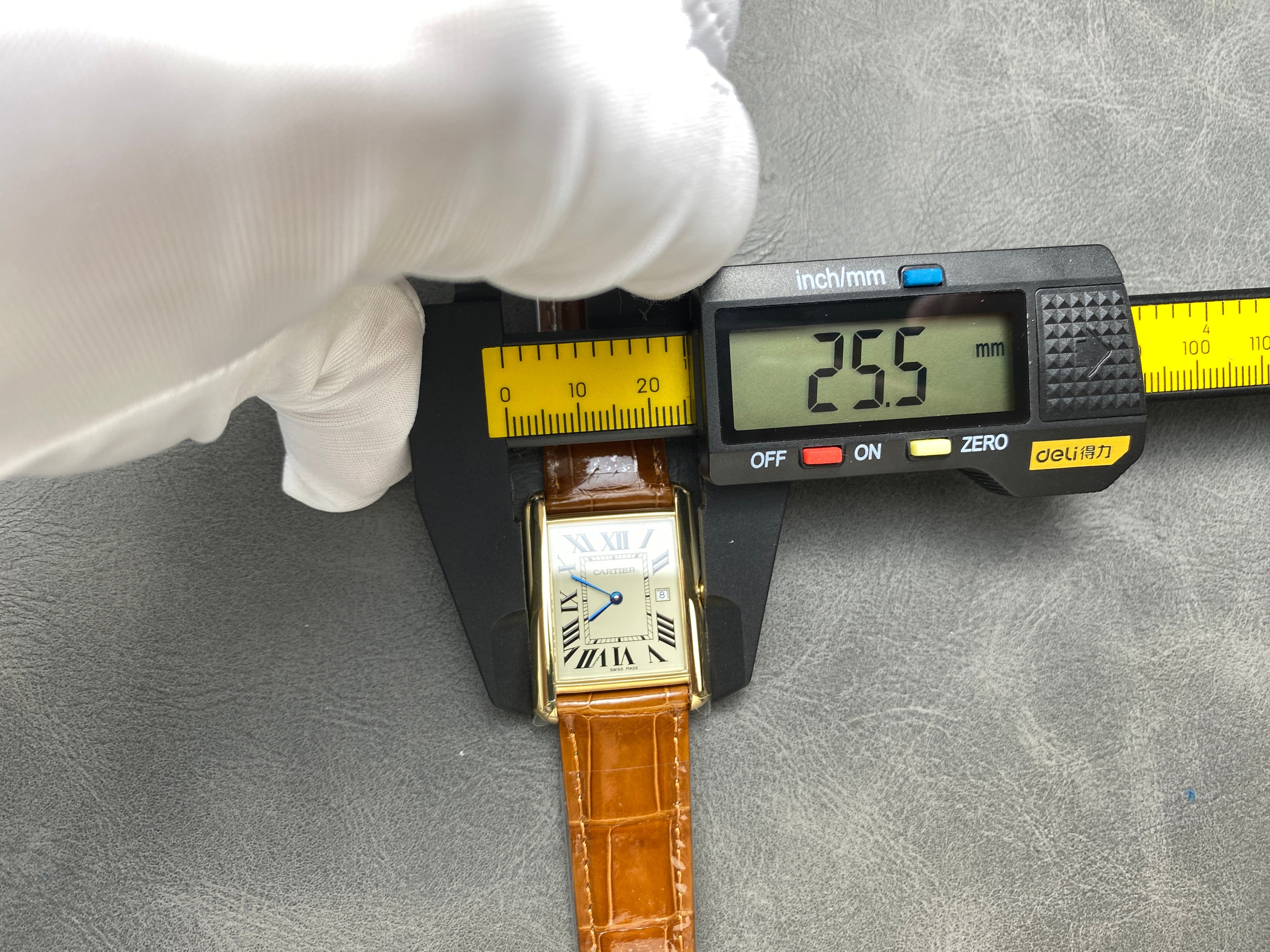 TANK SMALL MODEL LOUIS CARTIER WATCH GOLD CASE WITH CINNAMON BROWN LEATHER STRAP