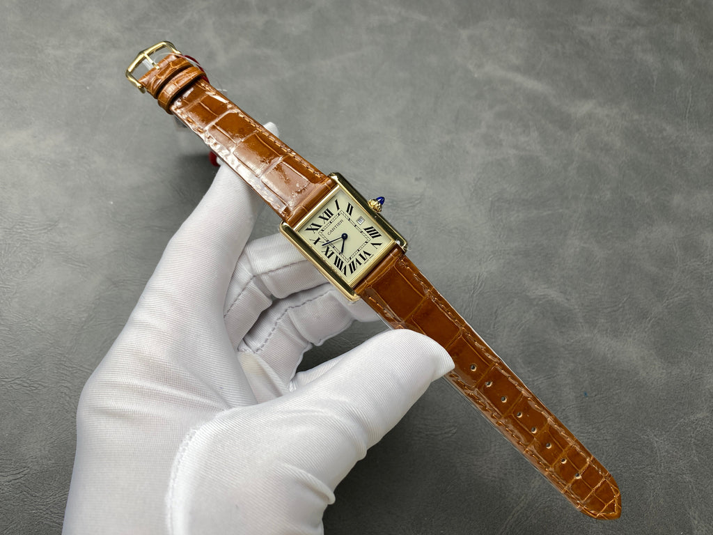 TANK SMALL MODEL LOUIS CARTIER WATCH GOLD CASE WITH CINNAMON BROWN LEATHER STRAP