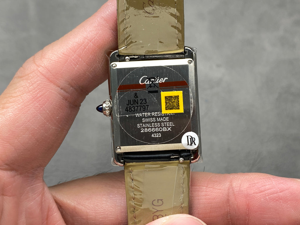 CARTIER TANK MUST SILVER CASE WITH BLACK LEATHER STRAP