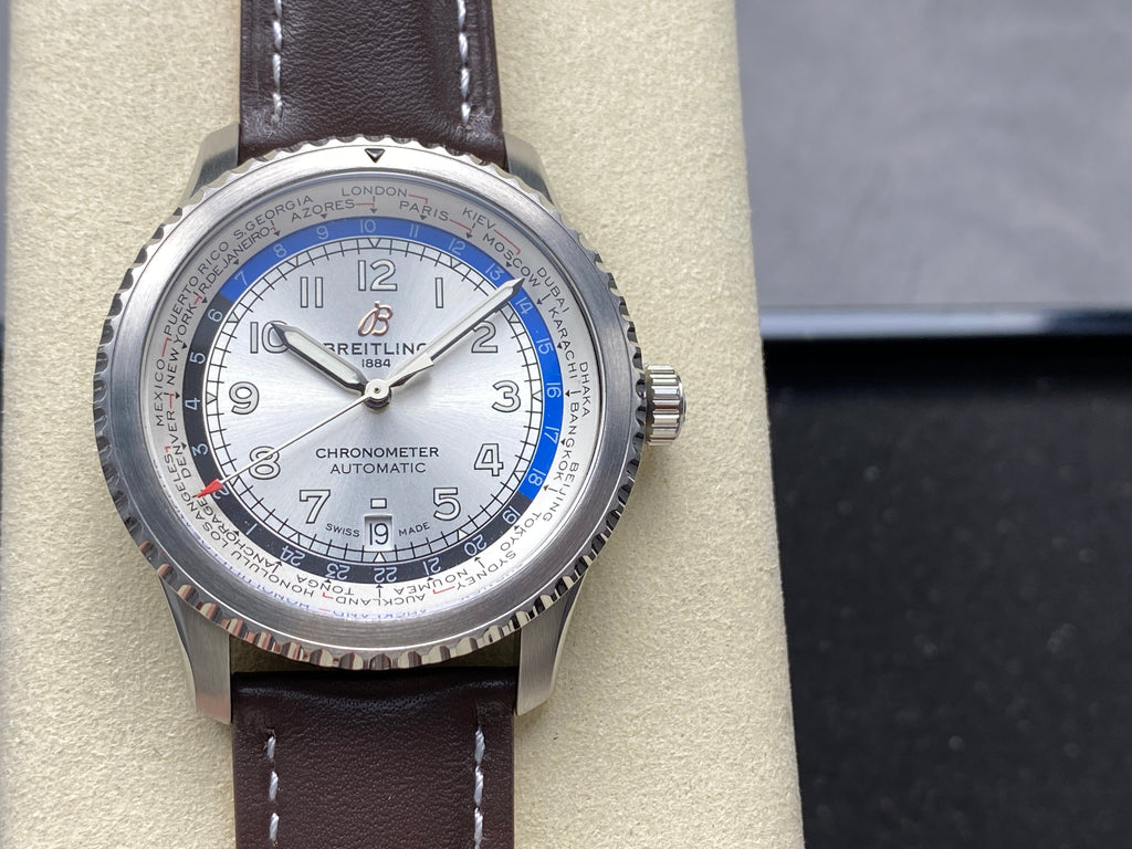 AVIATOR 8 AUTOMATIC STEEL CASE SILVER MIX BLACK BLUE DIAL BROWN CALFSKIN STRAP