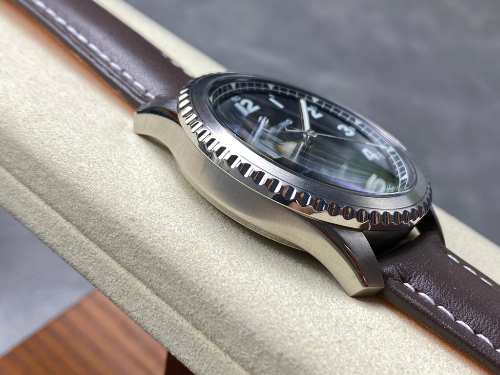 AVIATOR 8 AUTOMATIC STEEL CASE BLACK DIAL BROWN CALFSKIN STRAP