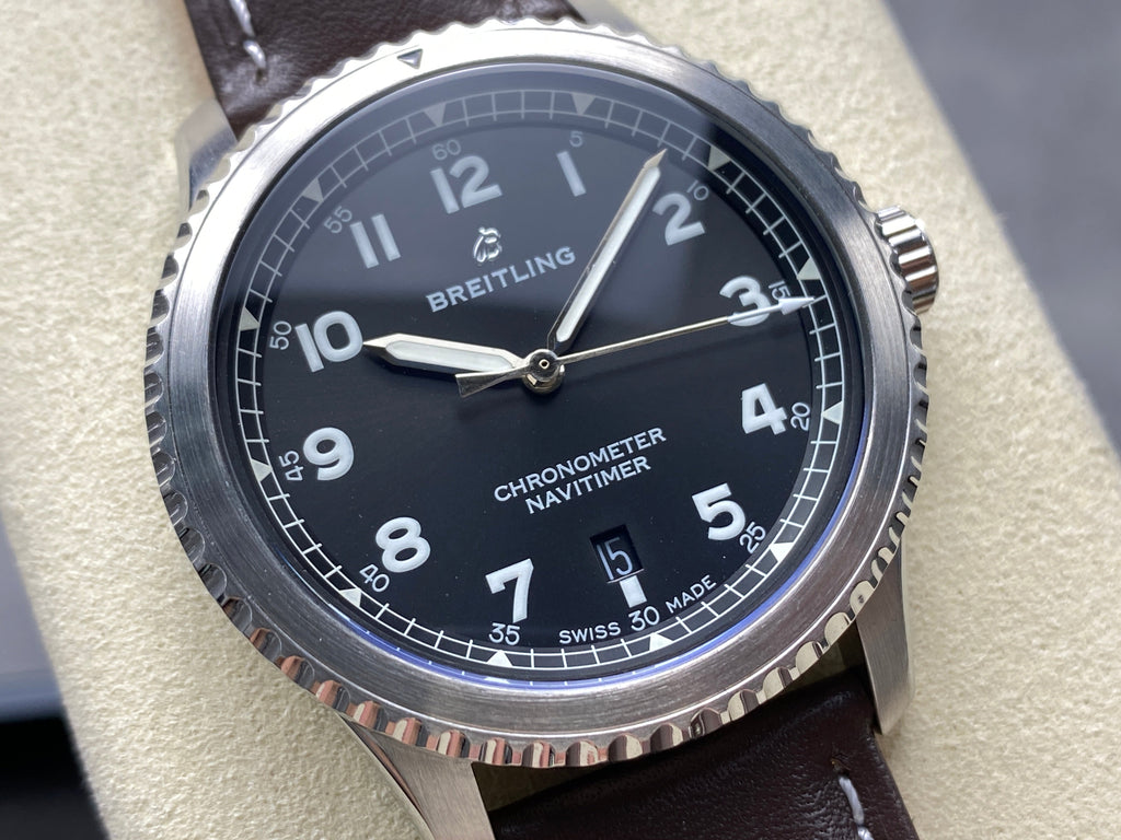AVIATOR 8 AUTOMATIC STEEL CASE BLACK DIAL BROWN CALFSKIN STRAP