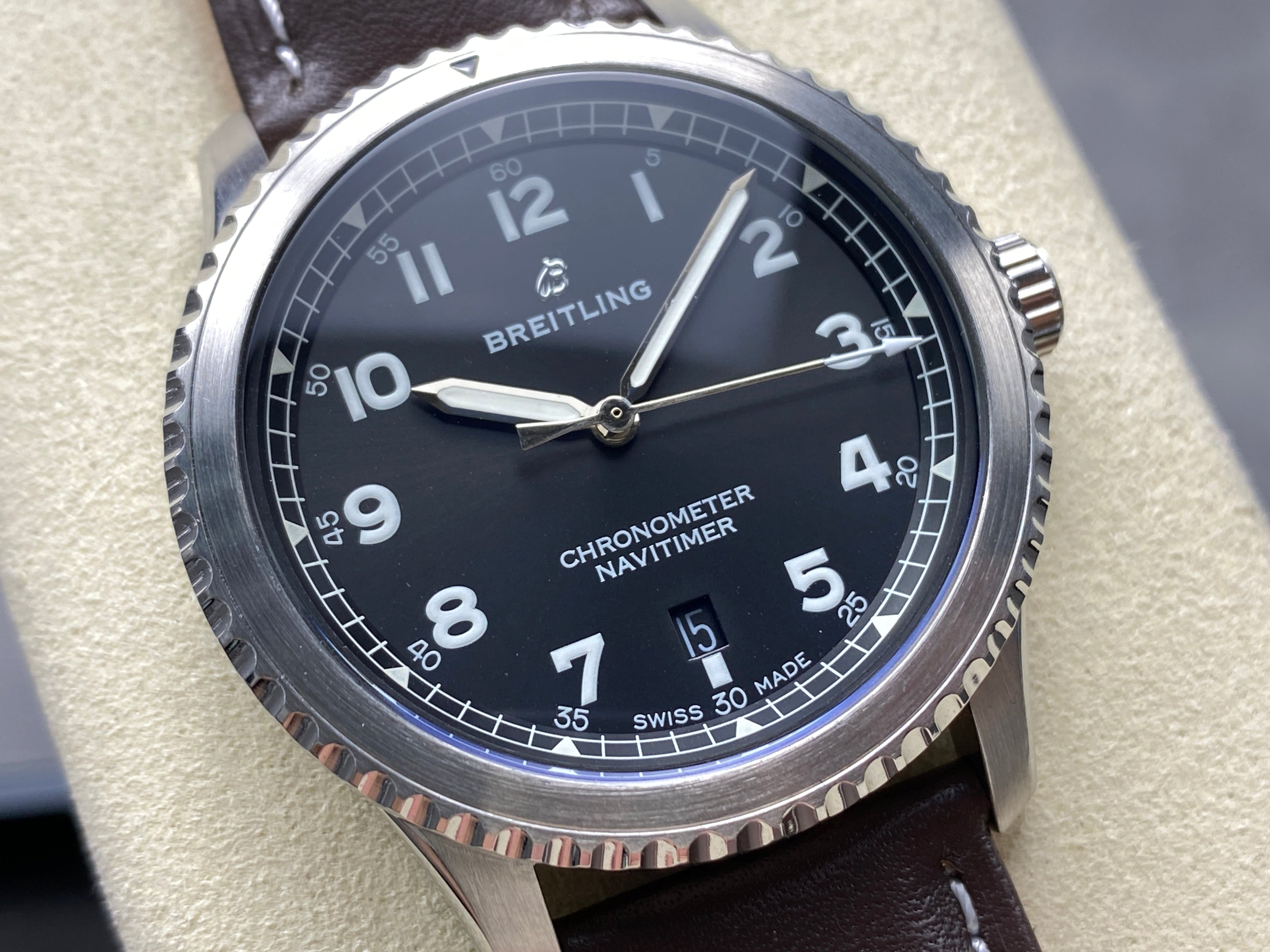 AVIATOR 8 AUTOMATIC STEEL CASE BLACK DIAL BROWN CALFSKIN STRAP