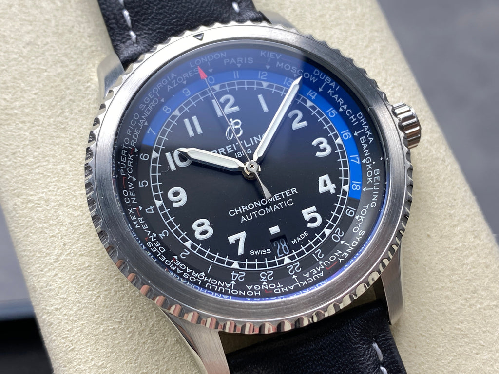 AVIATOR 8 AUTOMATIC STEEL CASE BLACK MIX BLUE DIAL BLACK CALFSKIN STRAP