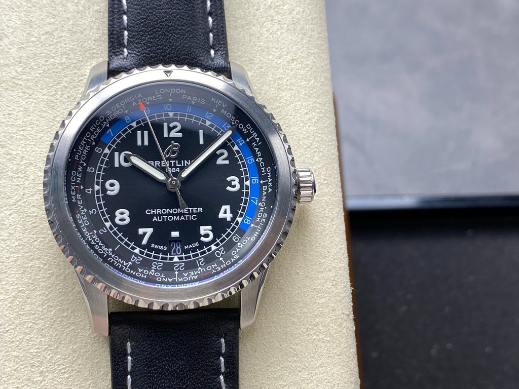 AVIATOR 8 AUTOMATIC STEEL CASE BLACK MIX BLUE DIAL BLACK CALFSKIN STRAP