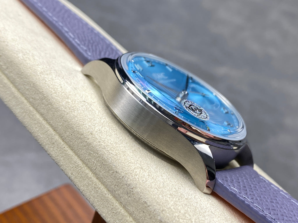 PORTUGIESER AUTOMATIC 42 WATCH SILVER CASE WITH NAVY BLUE LEATHER STRAP AND SAPPHIRE BLUE DIAL