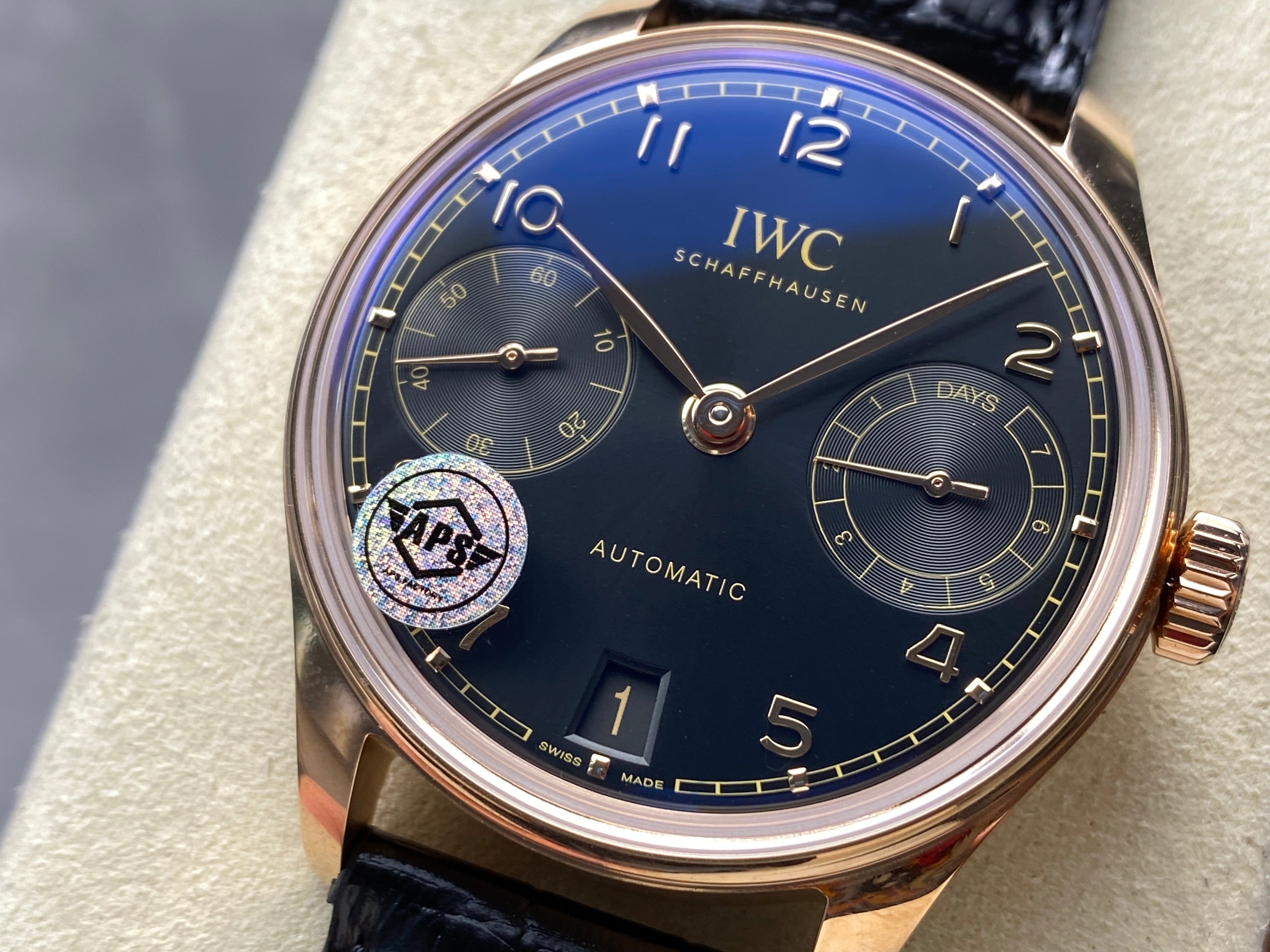 PORTUGIESER AUTOMATIC 42 WATCH ROSE GOLD CASE WITH BLACK DIAL AND LEATHER STRAP