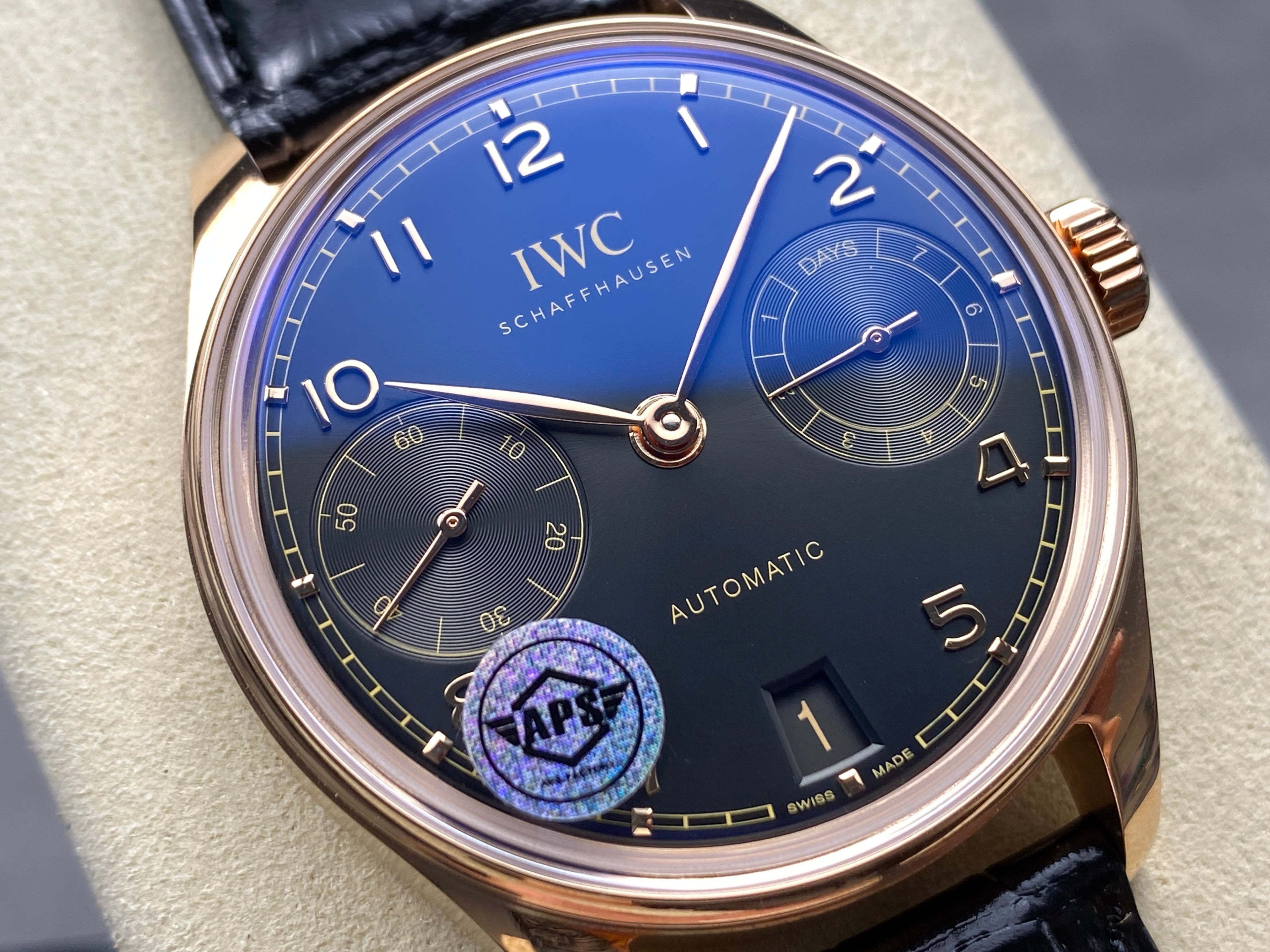 PORTUGIESER AUTOMATIC 42 WATCH ROSE GOLD CASE WITH BLACK DIAL AND LEATHER STRAP