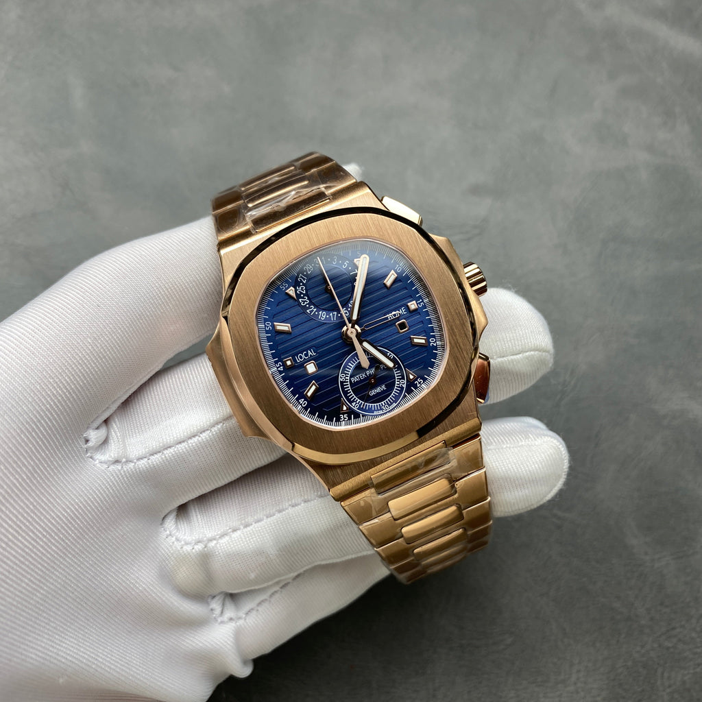 NAUTILUS TRAVEL TIME ROSE GOLD CASE SUNBURST BLUE DIAL