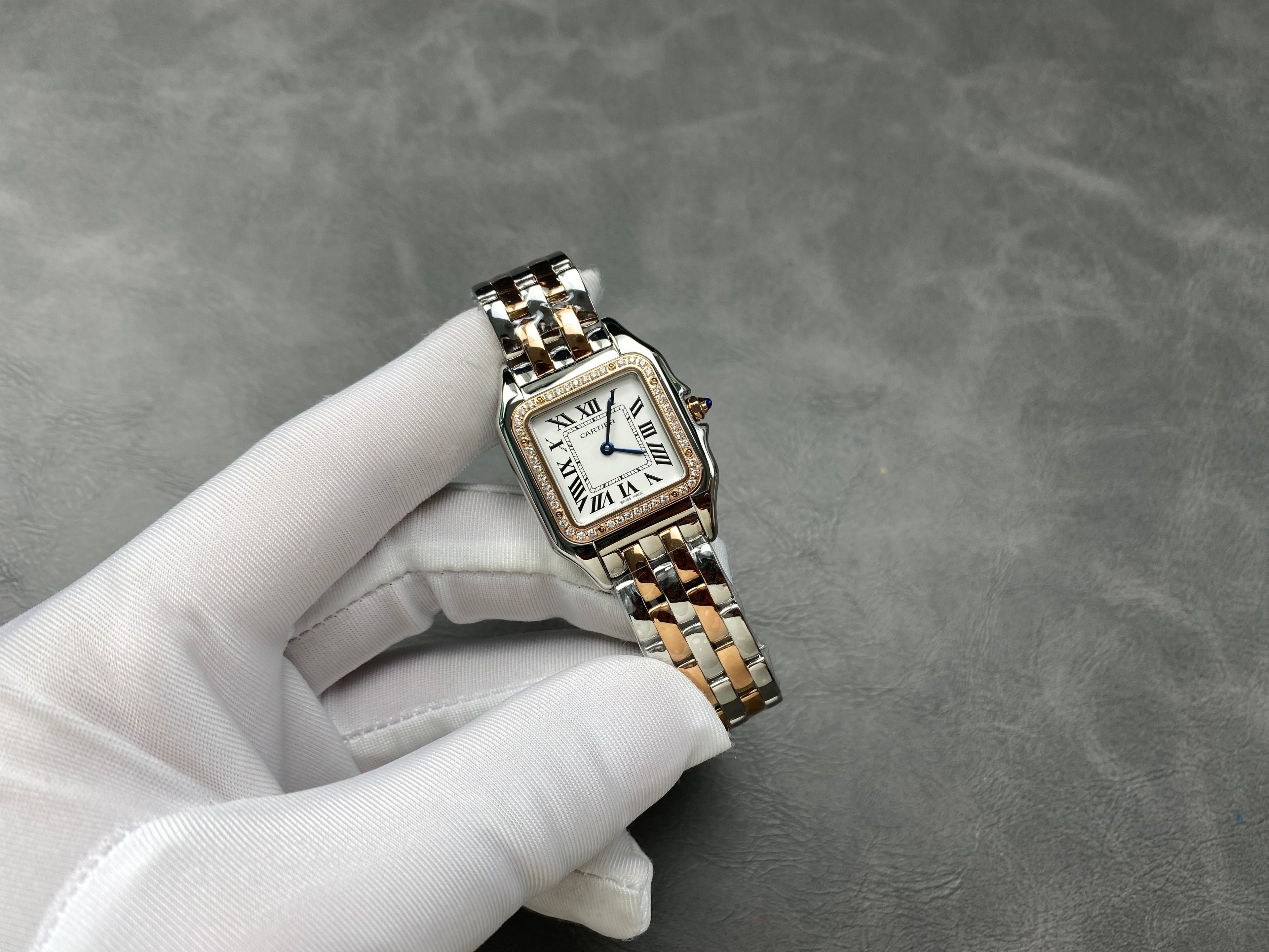 CARTIER PANTHÈRE MEDIUM WATCH GOLD PINK AND SILVER CASE WITH CRYSTALS