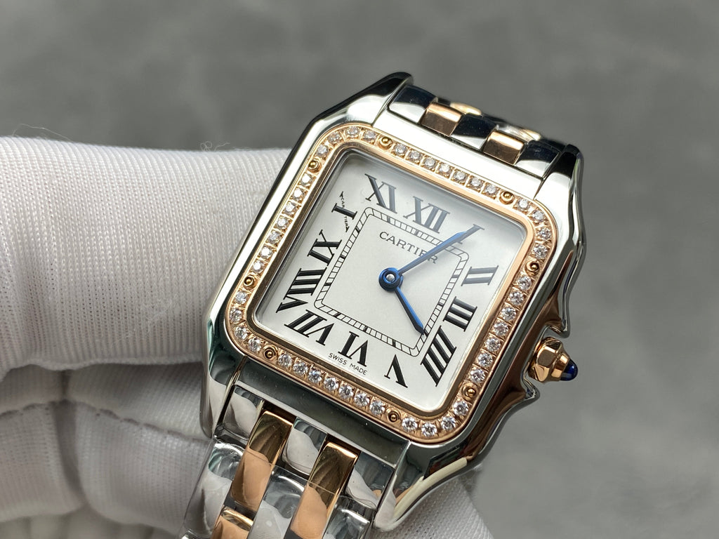 CARTIER PANTHÈRE MEDIUM WATCH GOLD PINK AND SILVER CASE WITH CRYSTALS
