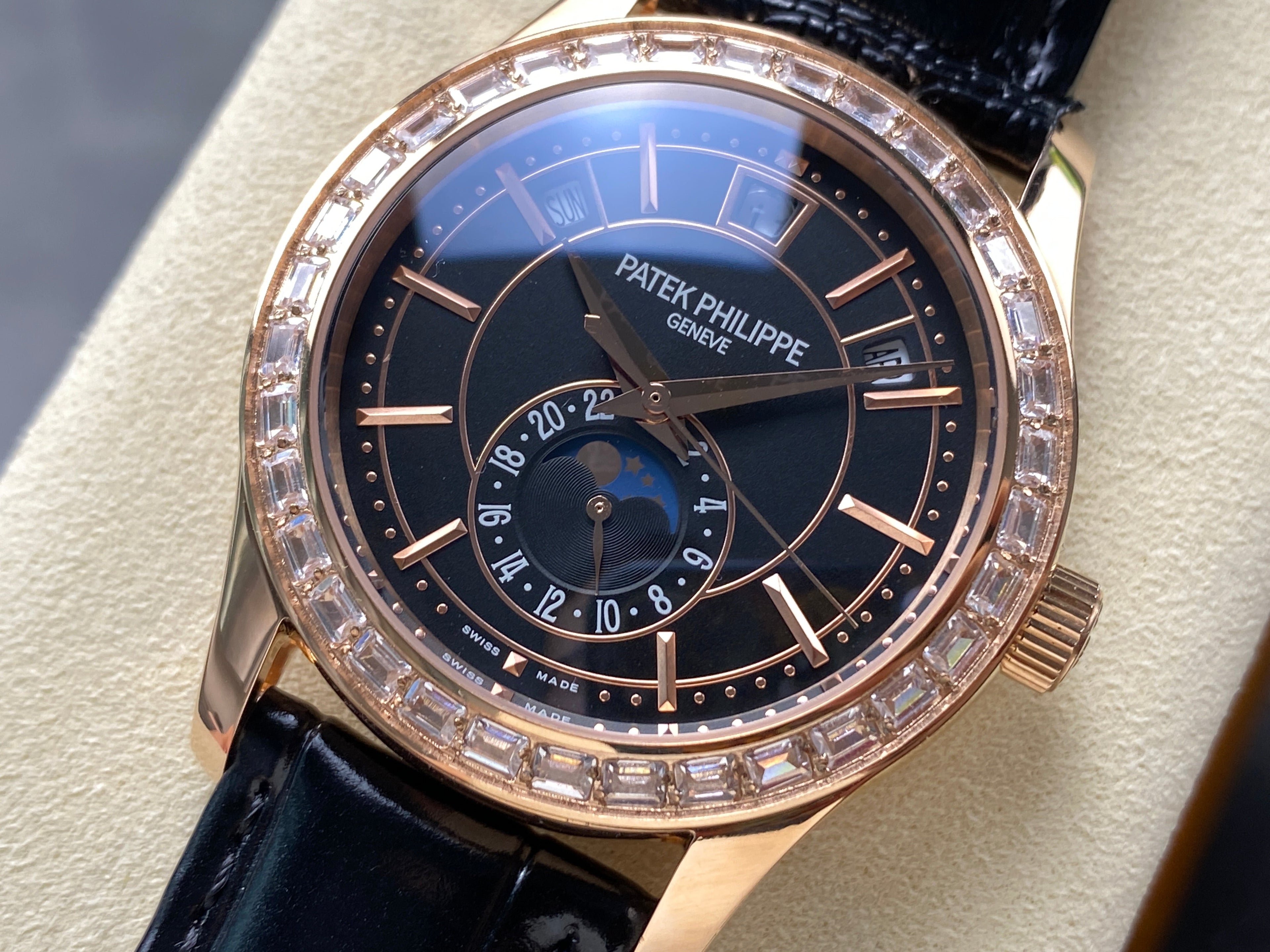 ANNUAL CALENDAR ROSE GOLD ATTACHED DIAMOND BEZEL BLACK DIAL