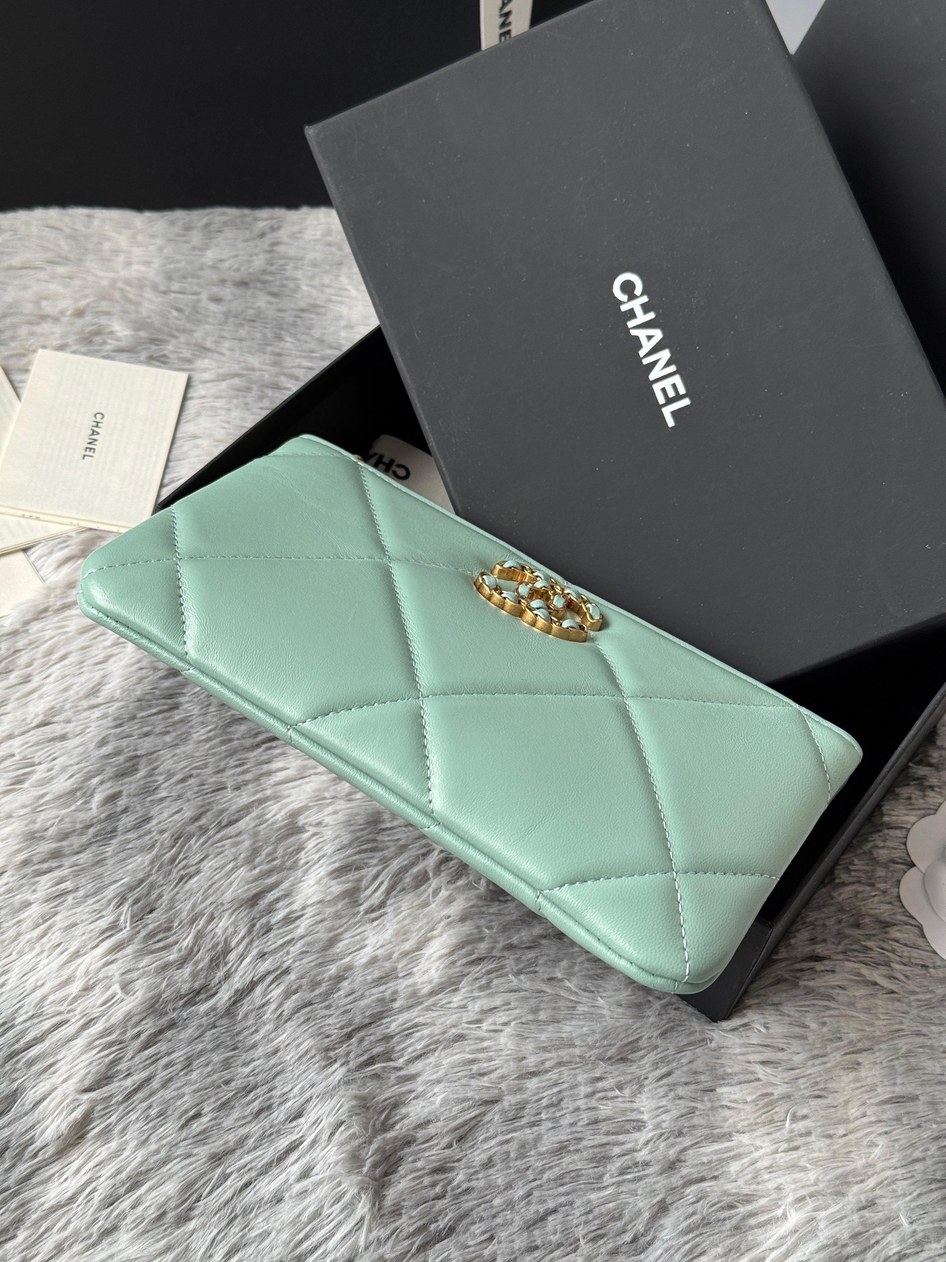 CLASSIC ZIPPER POUCH 20 IN BABY GREEN SMOOTH LAMBSKIN GOLD-TONE HARDWARE