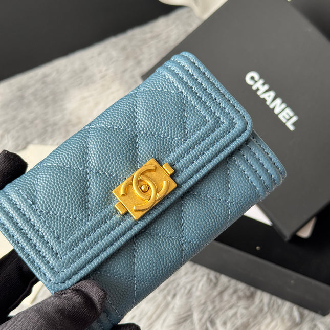 LEBOY WALLET 11 IN NEPAL BLUE GRAINED CALFSKIN GOLD-TONE HARDWARE